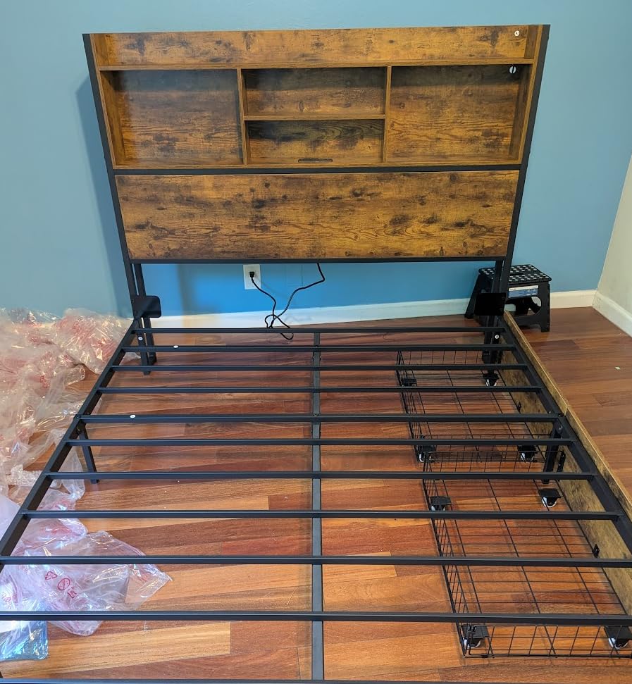 LARMACE King Size Bed Frame with 6 Storage Drawers and Headboard Wooden Platform Bed Frame with LED Lights and Charging Station Easy Assembly/No Box Spring Needed/Black customer photo 2