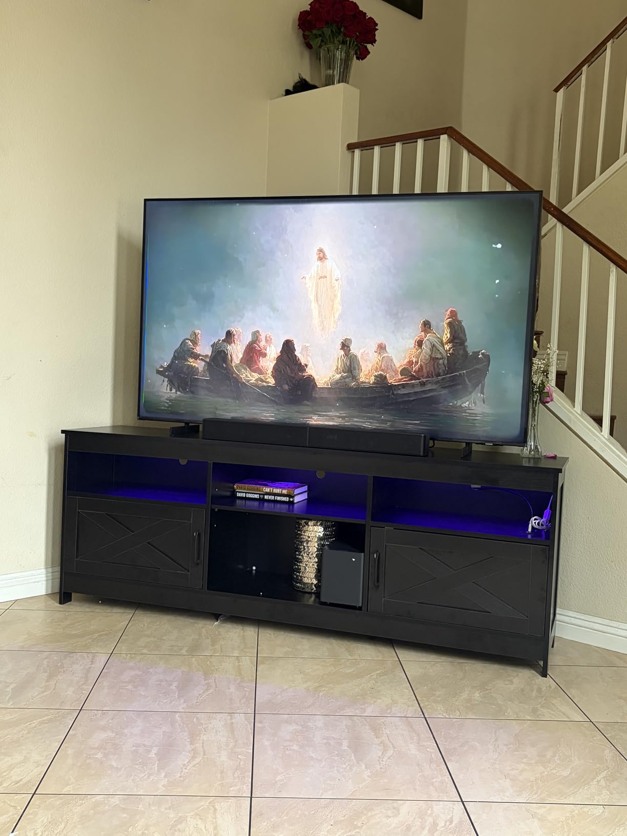 YITAHOME TV Stand for 65 Inch TVs, Entertainment Center with Storage Cabinets, Power Outlet & LED Light, Media TV Console with Barn Doors for Living Room, Black customer photo 1