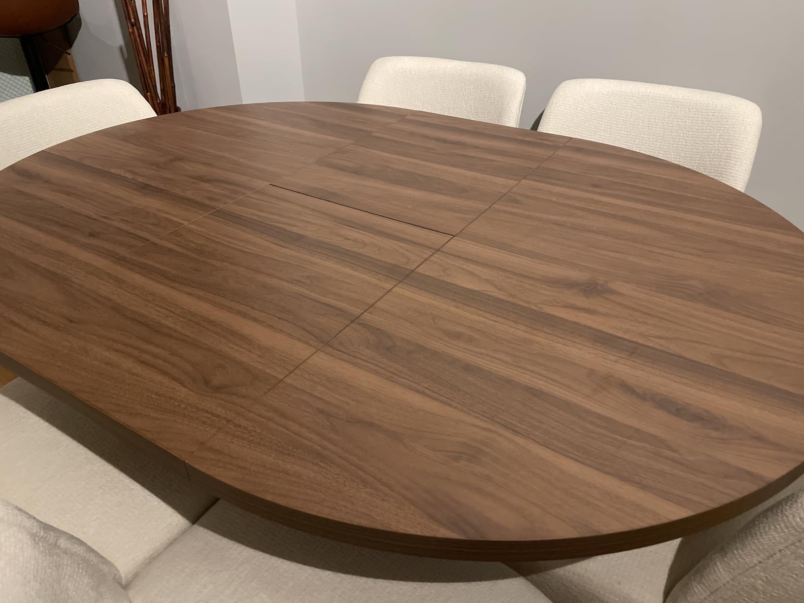 43.3in-59in Extendable Round Dining Table for 4-8, Modern Kitchen Oval Dining Table with Removable Leaves Space Saving, Wood Base with Storage Shelf customer photo 1