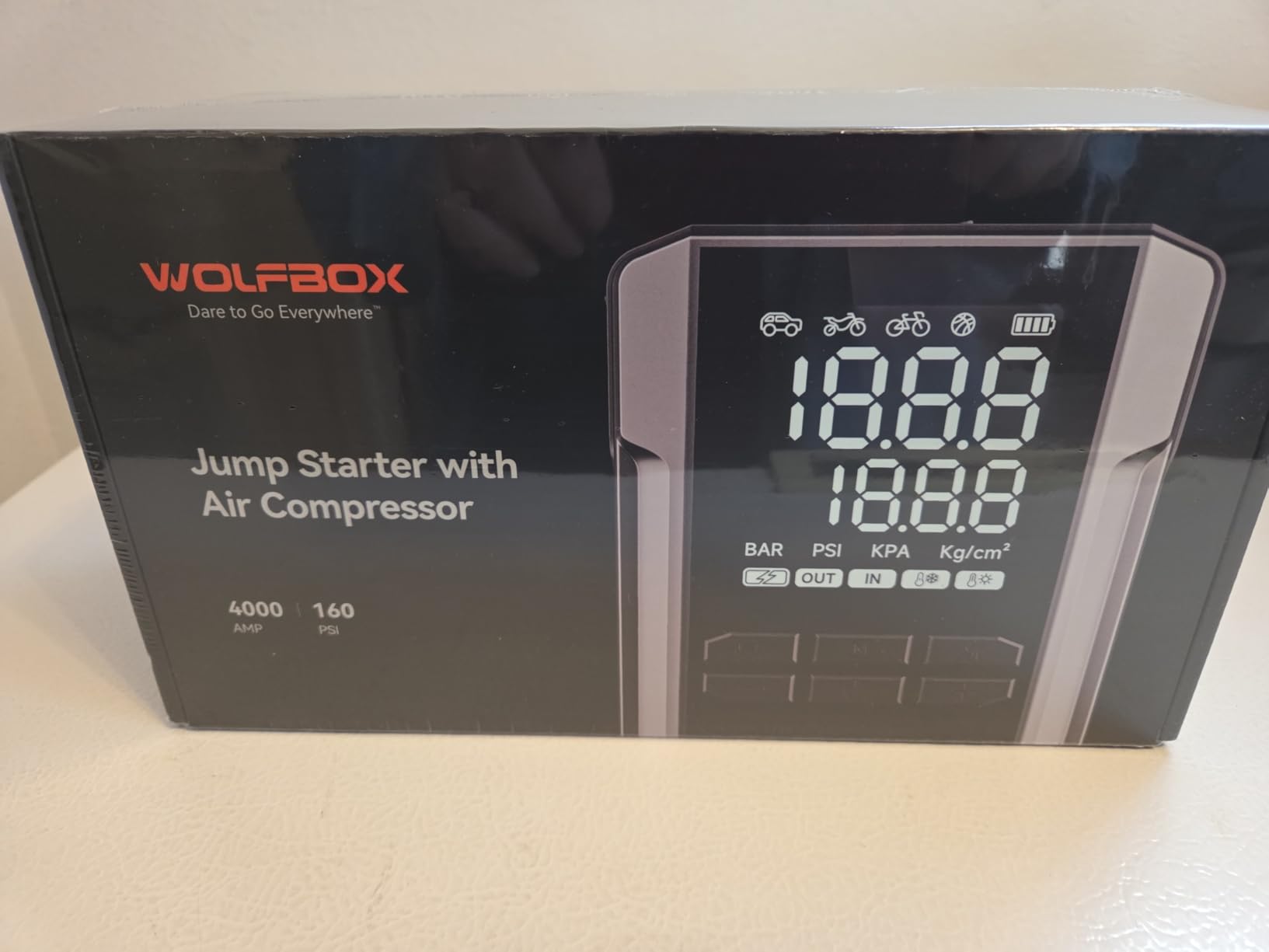 WOLFBOX 4000A Jump Starter with 160PSI Air Compressor, 12V Car Battery Booster, 88.8Wh Portable Jump Box (10.0 Gas/10.0L Diesel) with 65W Fast Charging, Tire Inflator, Jumper Cables, and LED Light customer photo 1