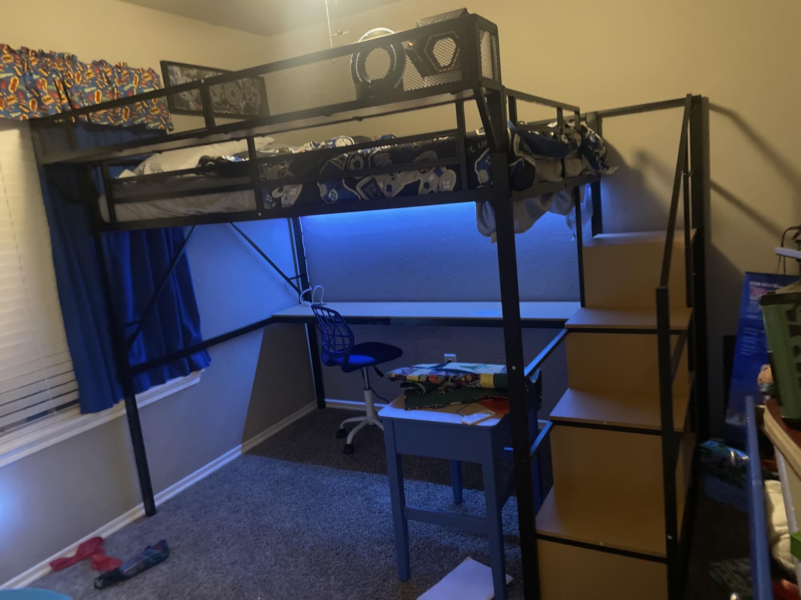 Metal Loft Bed with Desk and RGB LED Lights, Queen Size Loft Bed with Stairs and Charging Station, Kids Loft Beds with Storage Shelves for Upper and Wardrobe, Loft Beds Frame for Kids, Black-Natural customer photo 1