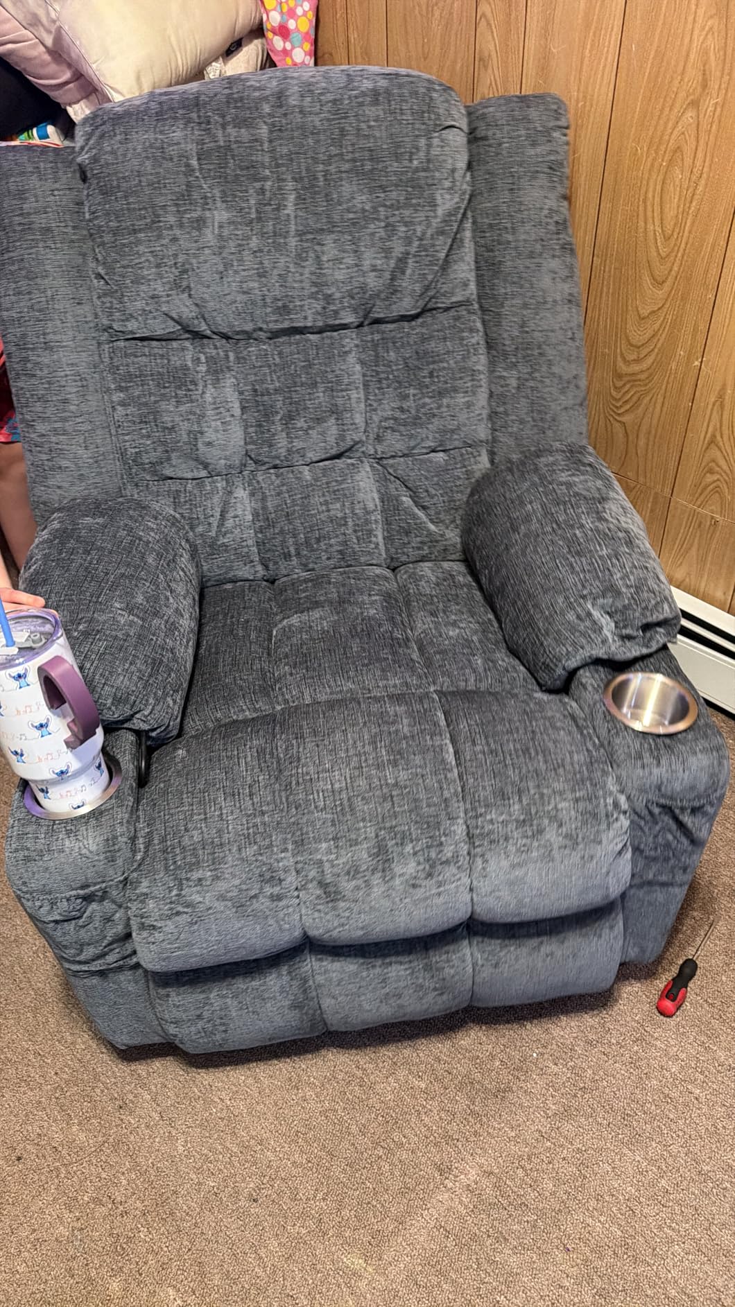 Korser 360° Swivel Rocker Recliner for Adults, Nursery Glider Recliner with Massage and Heating, Rocking Chair with Cup Holder, Manual Recliner Chair for Living Room, Bedroom (Fabric, Dark Gray) customer photo 1