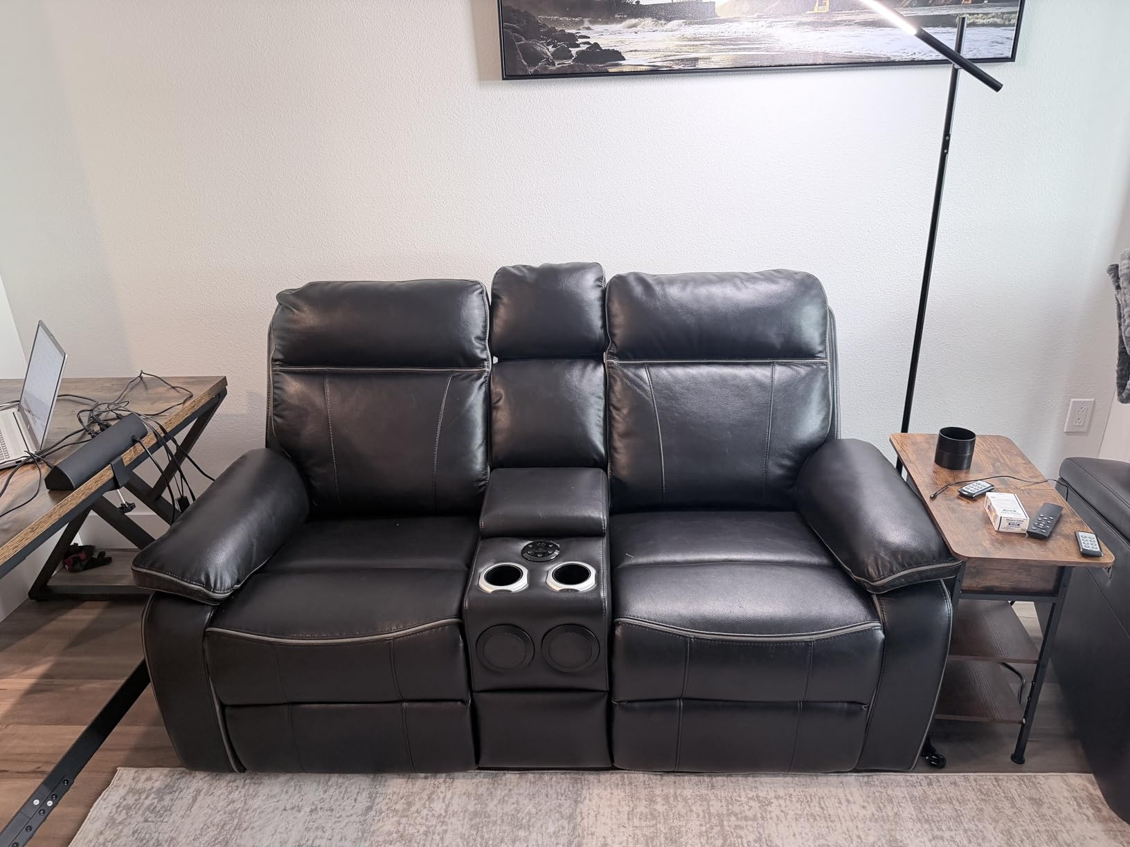 Power Reclining Sofa with Fold Down Table, Breathable Leather Electric Reclining Couch, Power Loveseat Recliner Sofa with Cup Holders/Outlets/USB-C/A Ports for Living Room (Grey, 3 Seat) customer photo 1