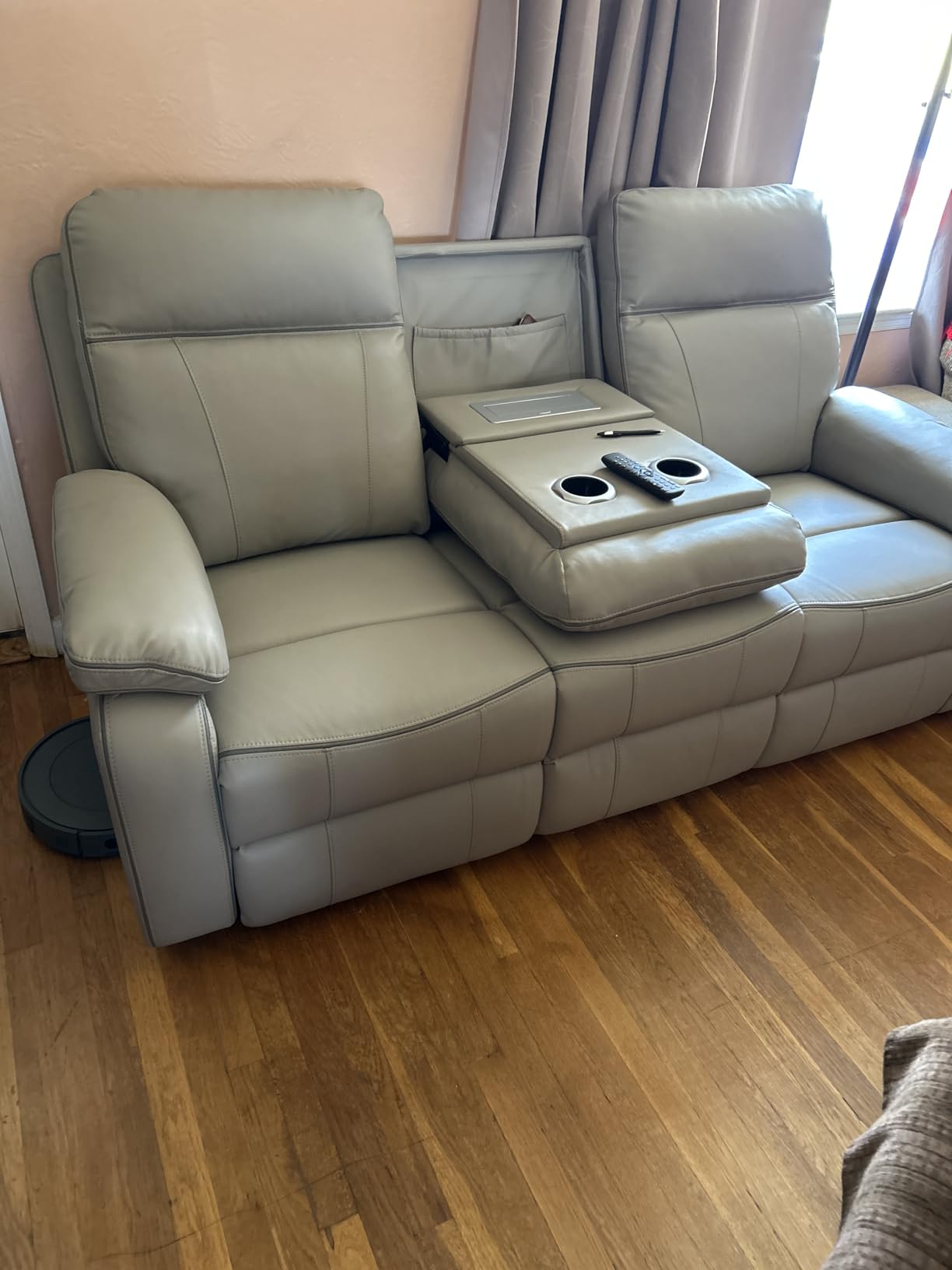 Power Reclining Sofa with Fold Down Table, Breathable Leather Electric Reclining Couch, Power Loveseat Recliner Sofa with Cup Holders/Outlets/USB-C/A Ports for Living Room (Grey, 3 Seat) customer photo 2