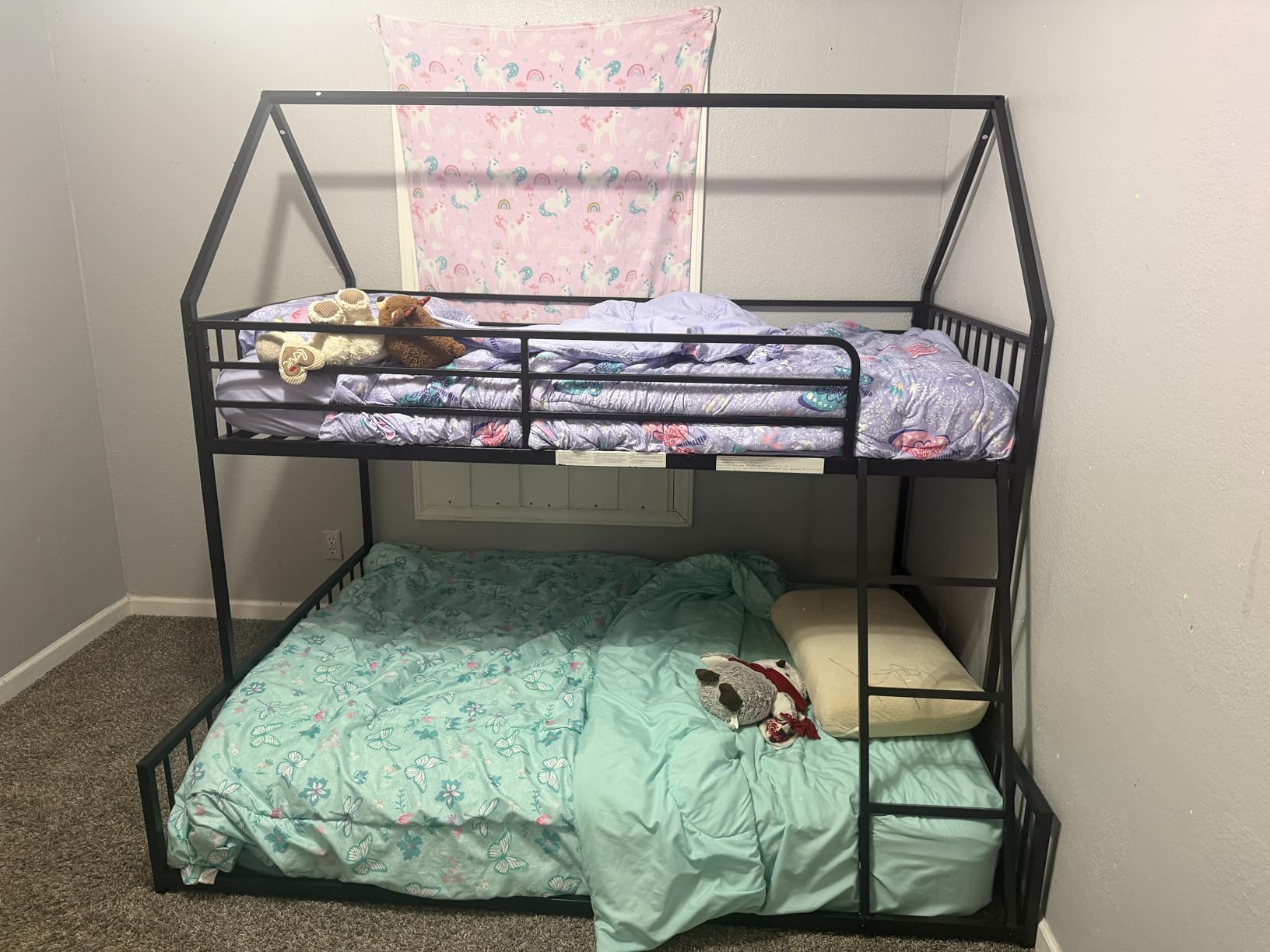 LIKIMIO Bunk Bed Twin Over Full Size, House Bunk Bed Frame with Ladder and Guardrail, House Shaped with Metal Slats Support No Box Spring Needed Space Saving for Bedroom and Dorm, White customer photo 2