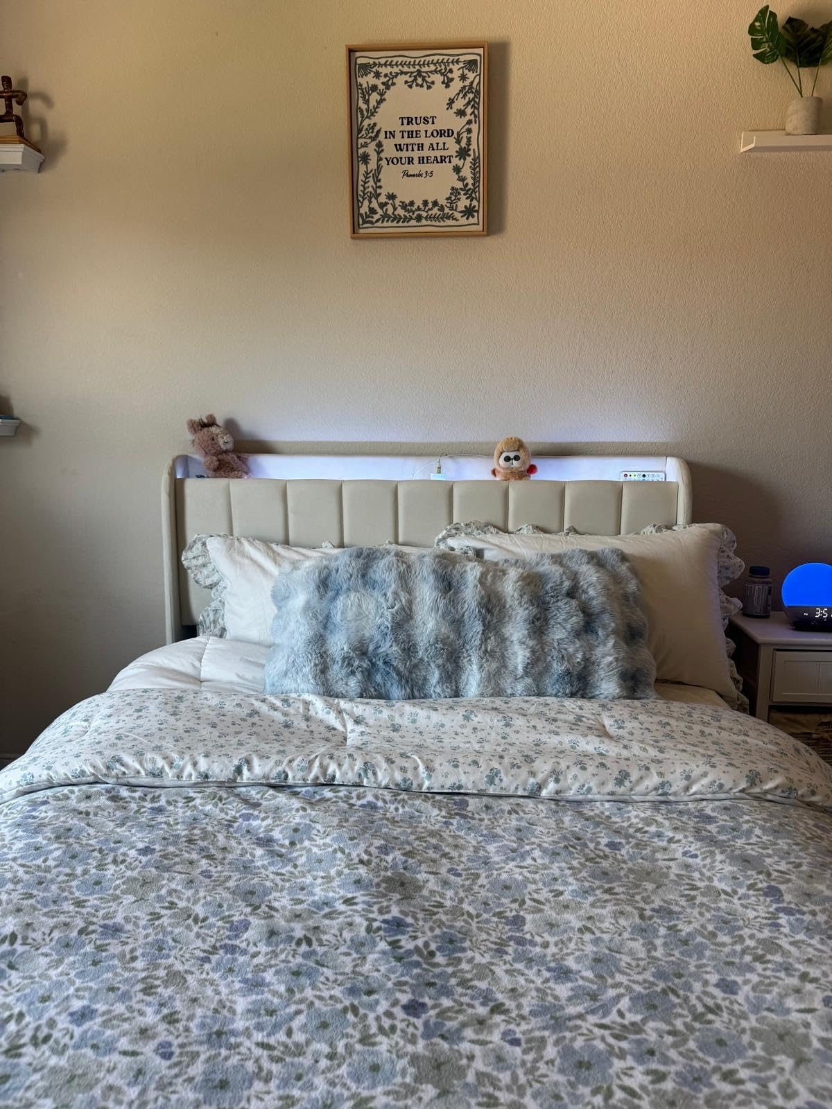 Queen Bed Frame with 4 Drawers and Storage Headboard, Upholstered Platform Bed Frame Queen Size with Led Lights and Handy Charging Station, No Box Spring Needed, Easy Assembly, Noise Free, Beige customer photo 1