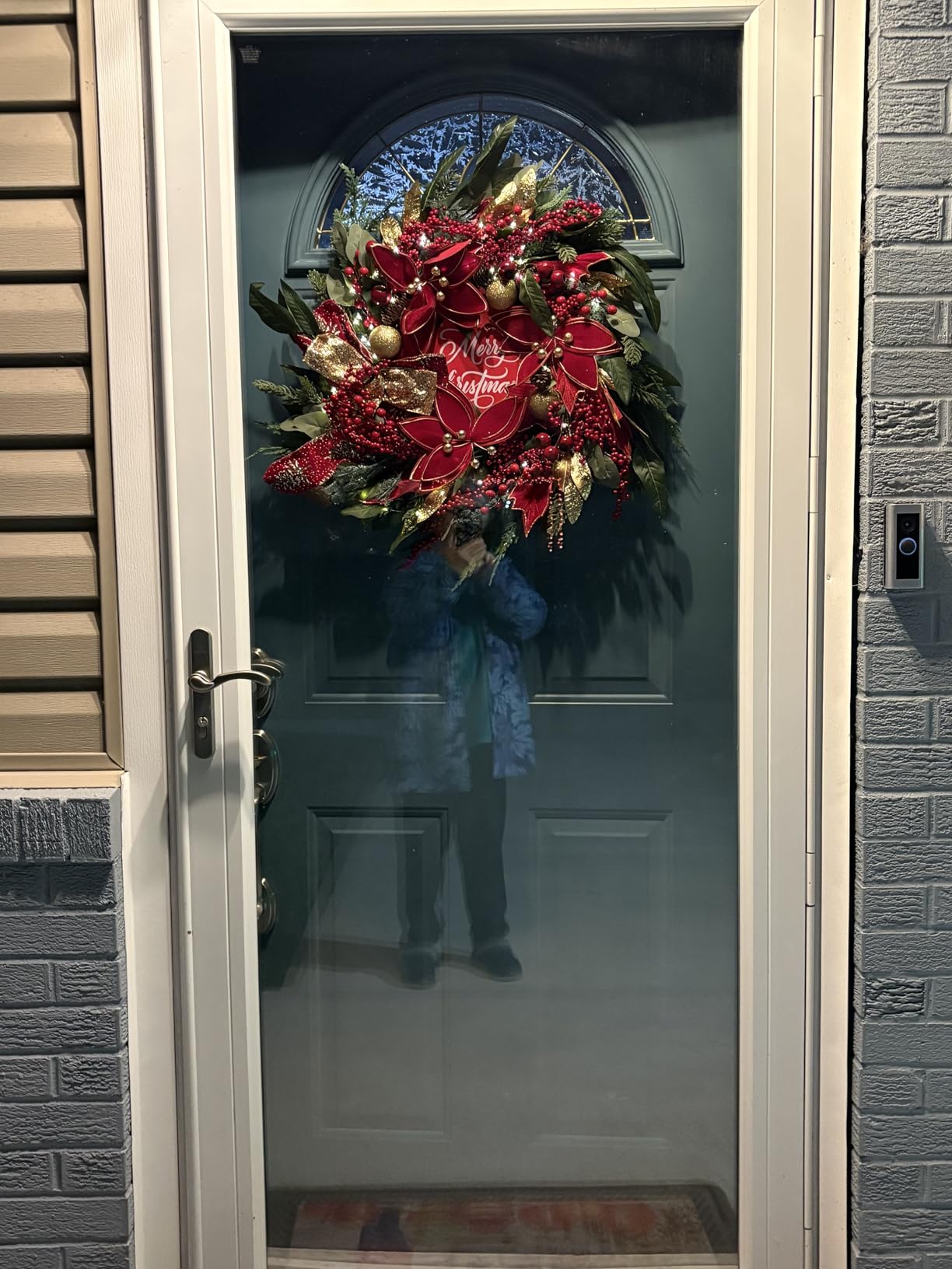 Christmas Wreath with Lights, 24 Inch Lighted Christmas Wreath for Front Door, Winter Wreath with LED Lights, Red Berries, Pinecones customer photo 1