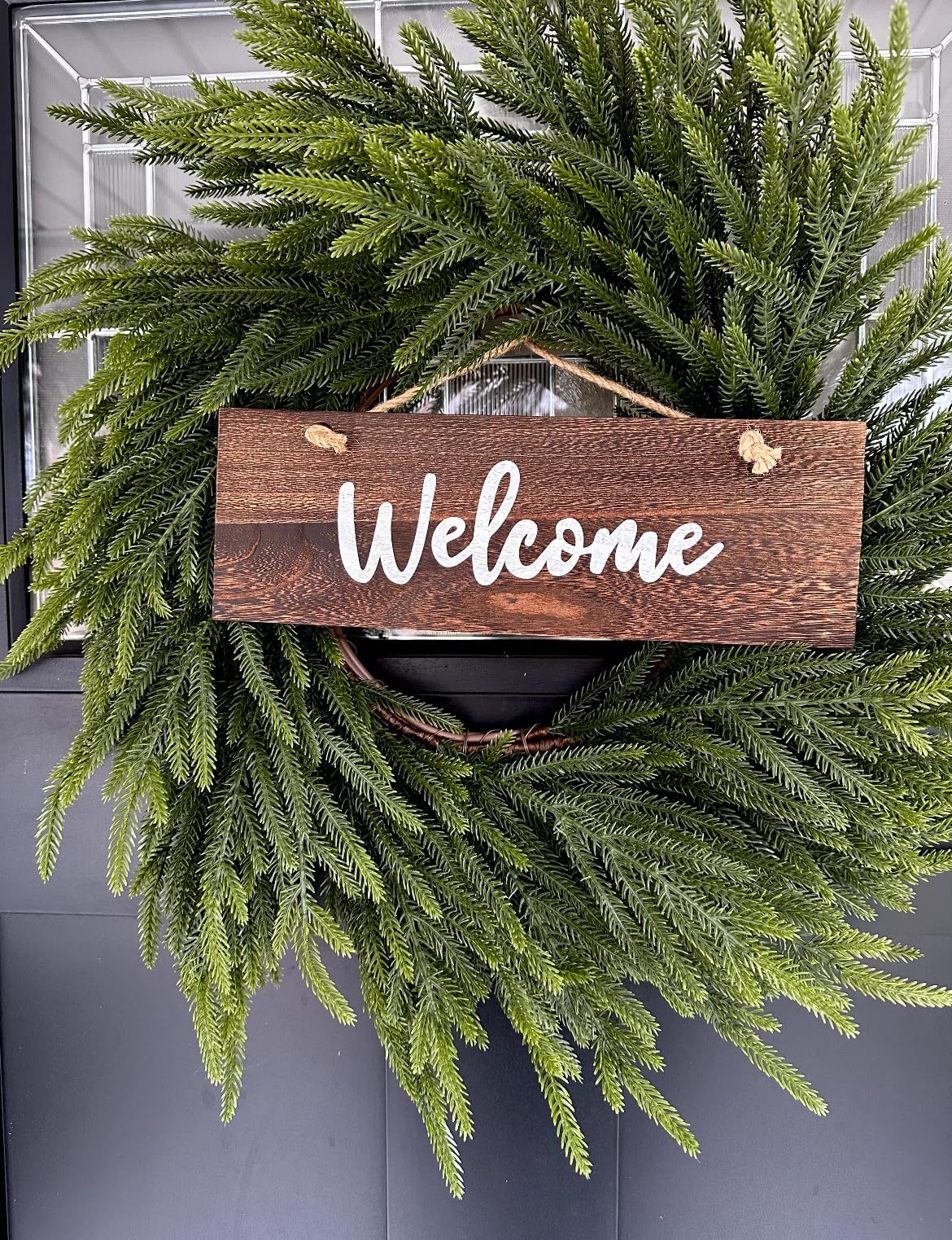 26 Inch Winter Wreaths for Front Door: Large Real Touch Norfolk Pine Wreath with Welcome Sign - Christmas Artificial Green Wreath customer photo 2