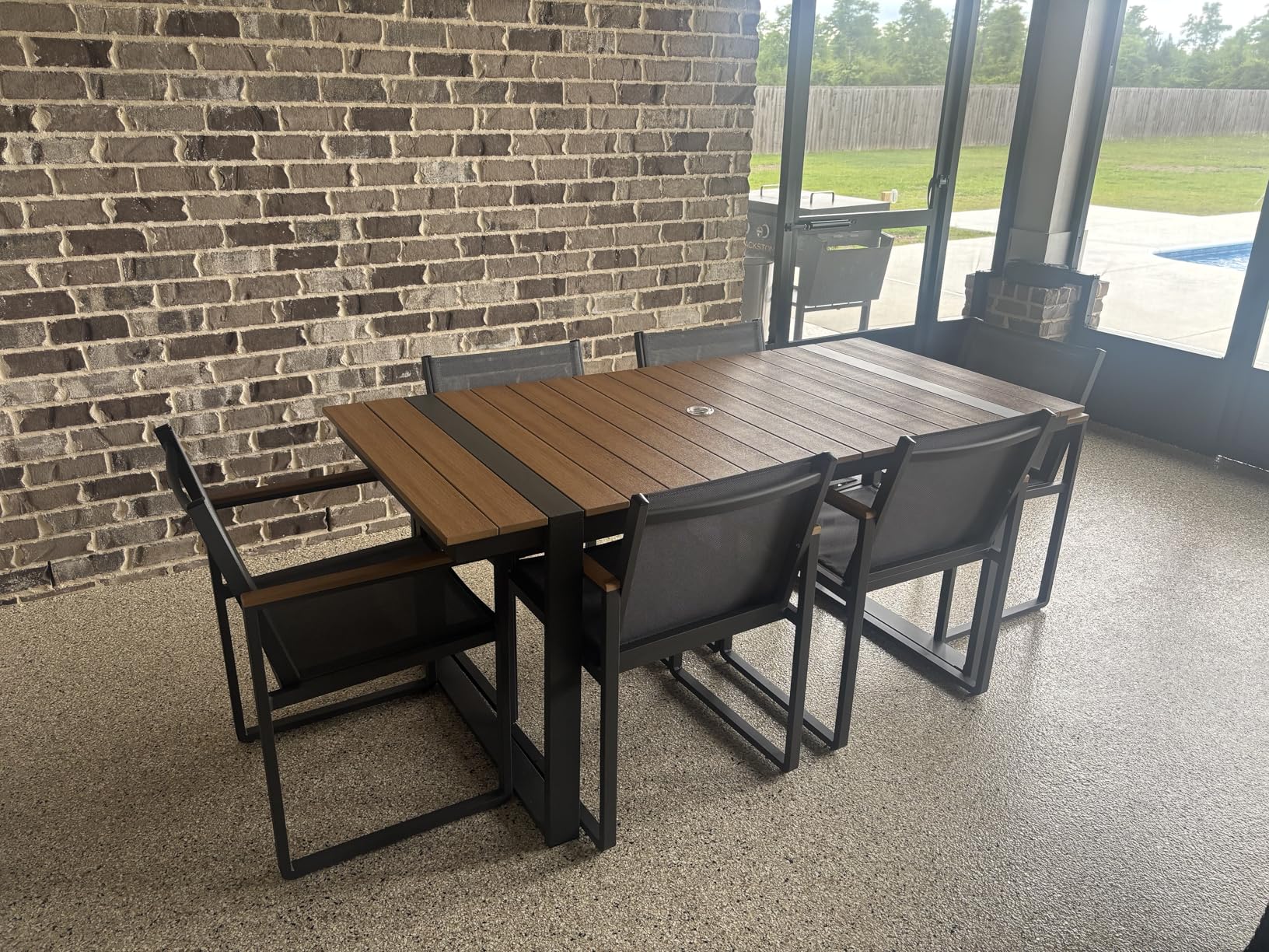 Outdoor Dining Set, HDPS + Aluminum Patio Table and Chairs Set with U-Shaped Base, 7 Piece Outdoor Furniture Set with Umbrella Hole, Patio Dining Table Set for Garden, Backyard (Gray-Teak) customer photo 1