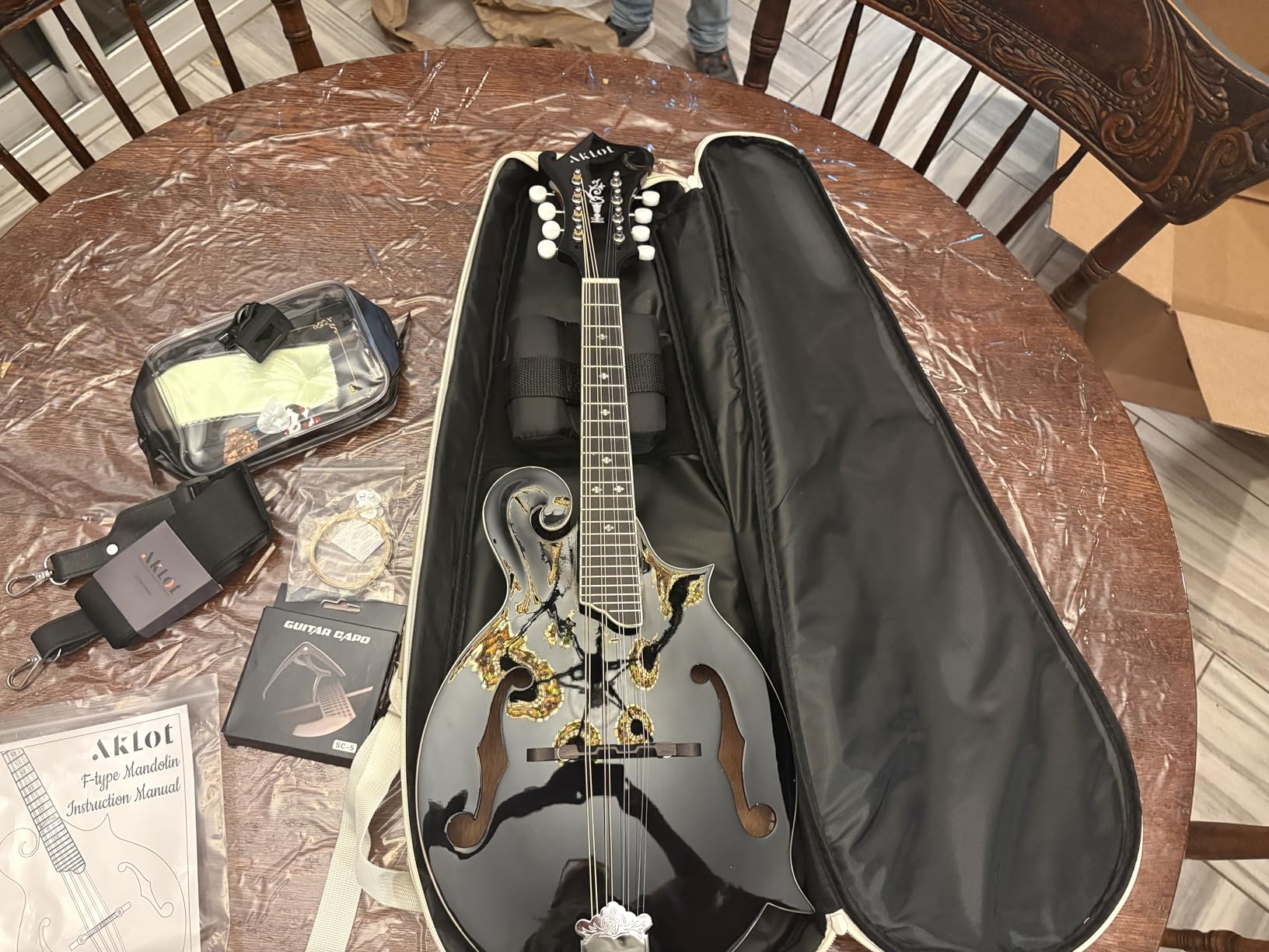 AKLOT F-Style Acoustic Mandolin Instrument: Hand-Carved Classic Scroll Headstock, Mahogany Body and Natural Bone Nut, Deluxe Mandolin Bundle with Padded Bag, Tuner, Capo and Picks customer photo 1