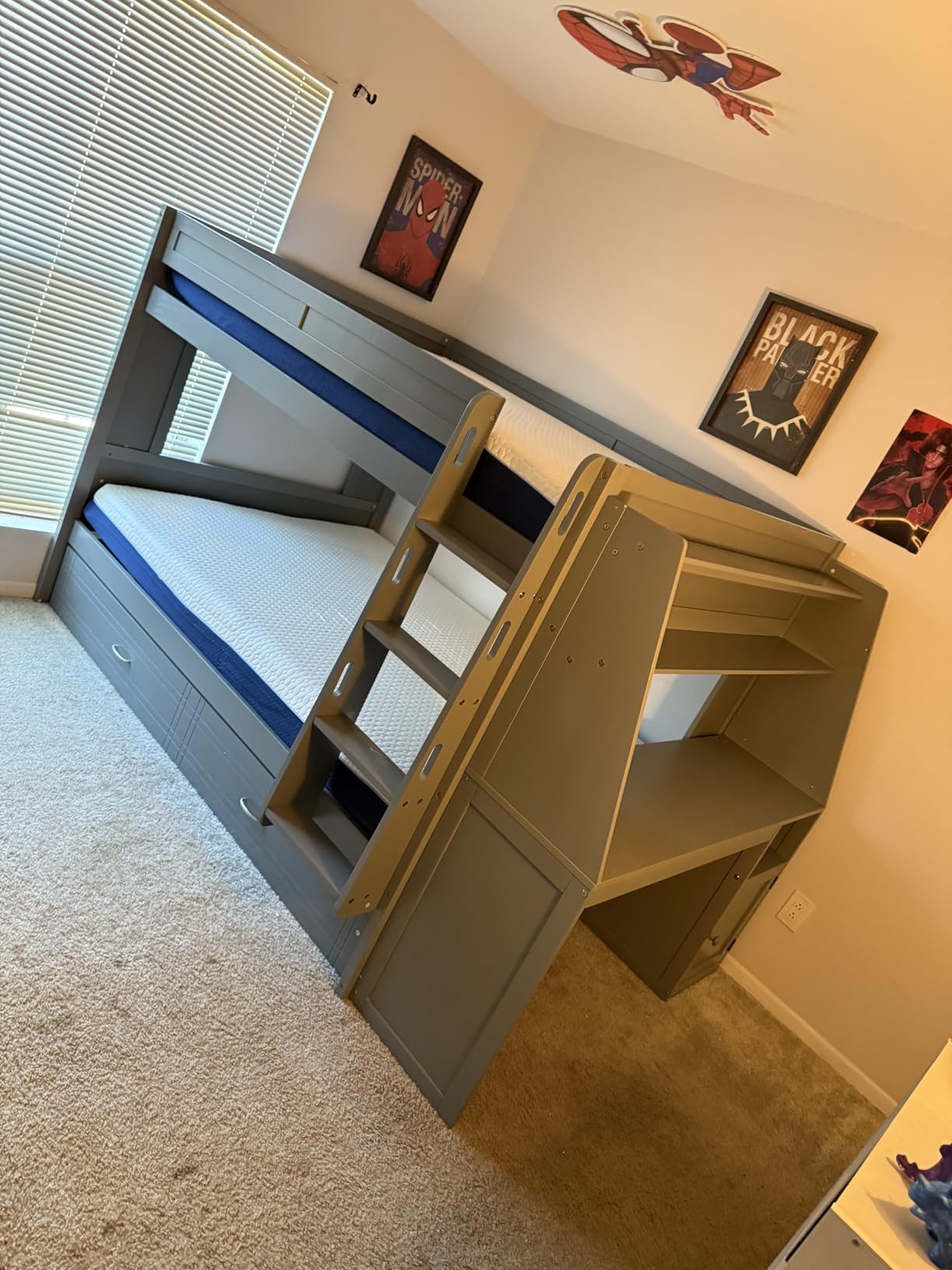 Queen Size Wooden Gaming Bunk Bed with Desk, Two Storage Shelves, USB and LED Light, Sturdy Loft Bed for Gamers & Small Spaces (Black+Red1) customer photo 2