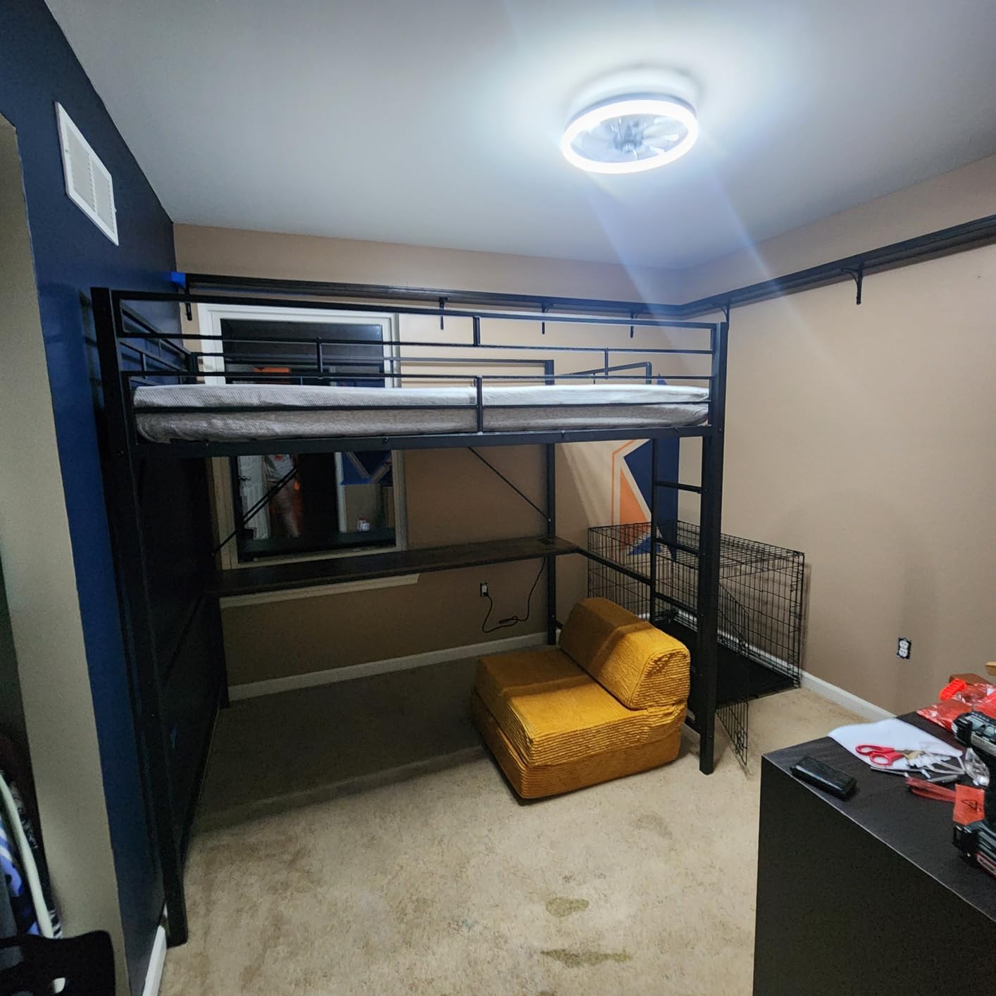 VINGLI Twin Gaming Loft Bed Frame with Desk and Dresser, Metal Single High Sleeper with RGB LED Lights, 2 Built-in Power Outlets, 15