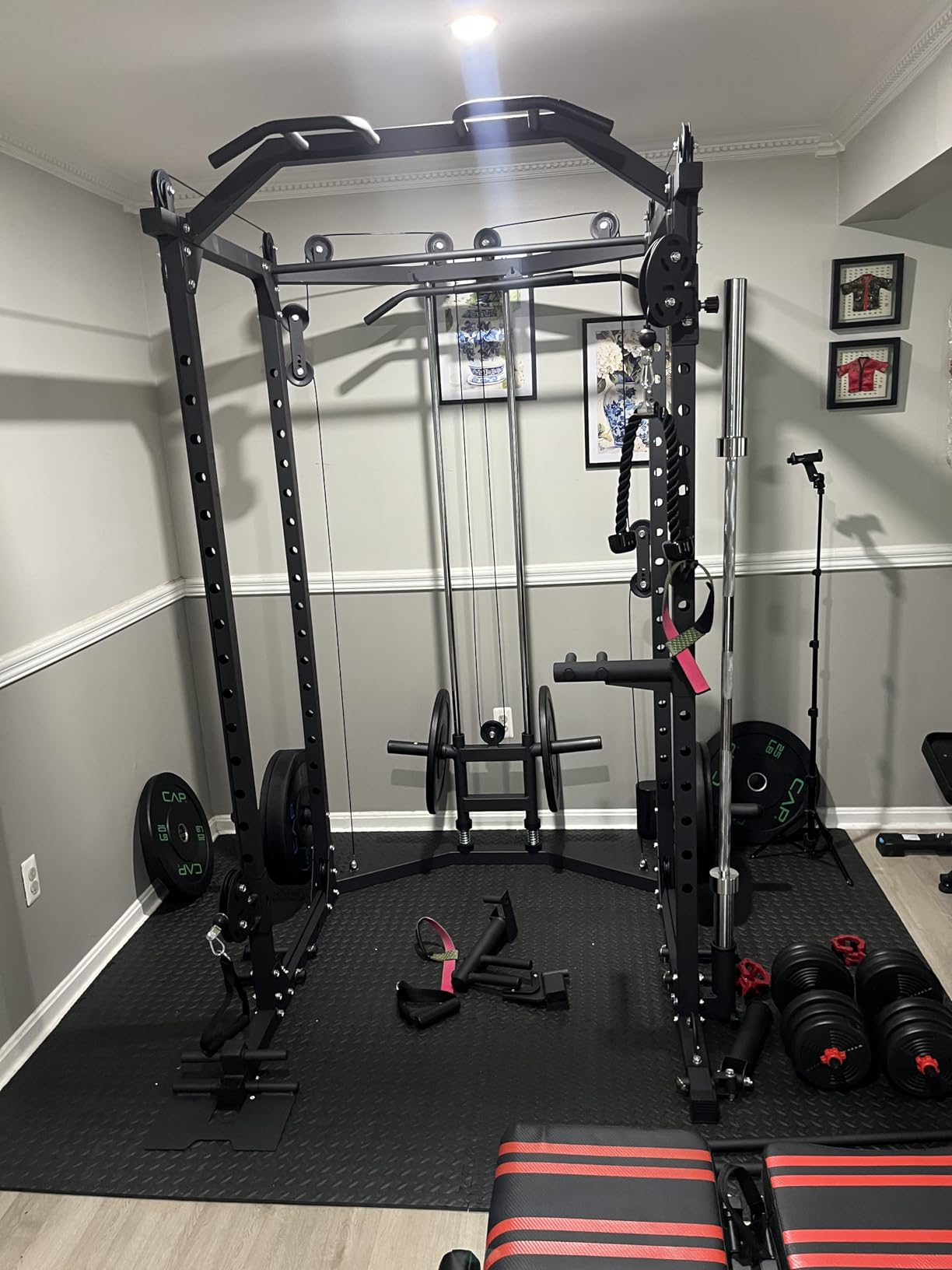 GarveeLife Power Cage, Multi-Functional Power Racks for Home Gym with Cable Crossover System, 1600 LBS Weight Capacity Fitness Squat Rack for Strength Workout with More Training Attachment, Red customer photo 1