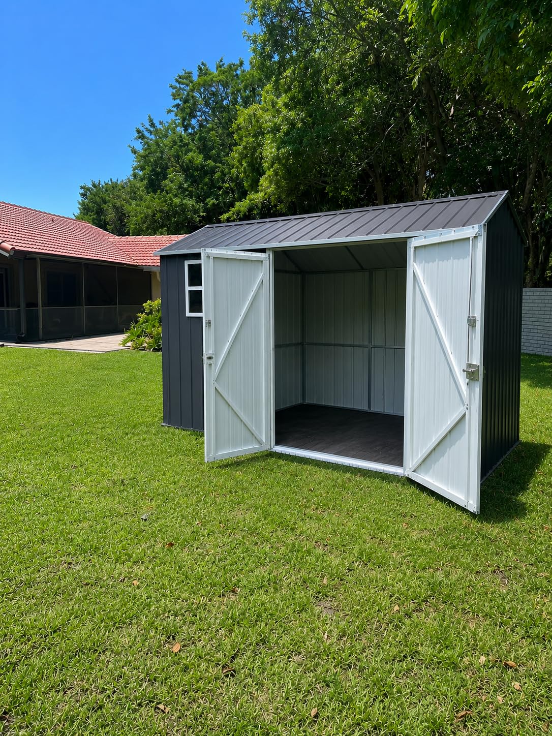 DAUSOLA 8.2x12 FT Outdoor Storage Shed, Metal Garden Tool Shed with Updated Frame Structure and Lockable Doors, Ideal for Backyard Garden Patio Lawn, Grey customer photo 1