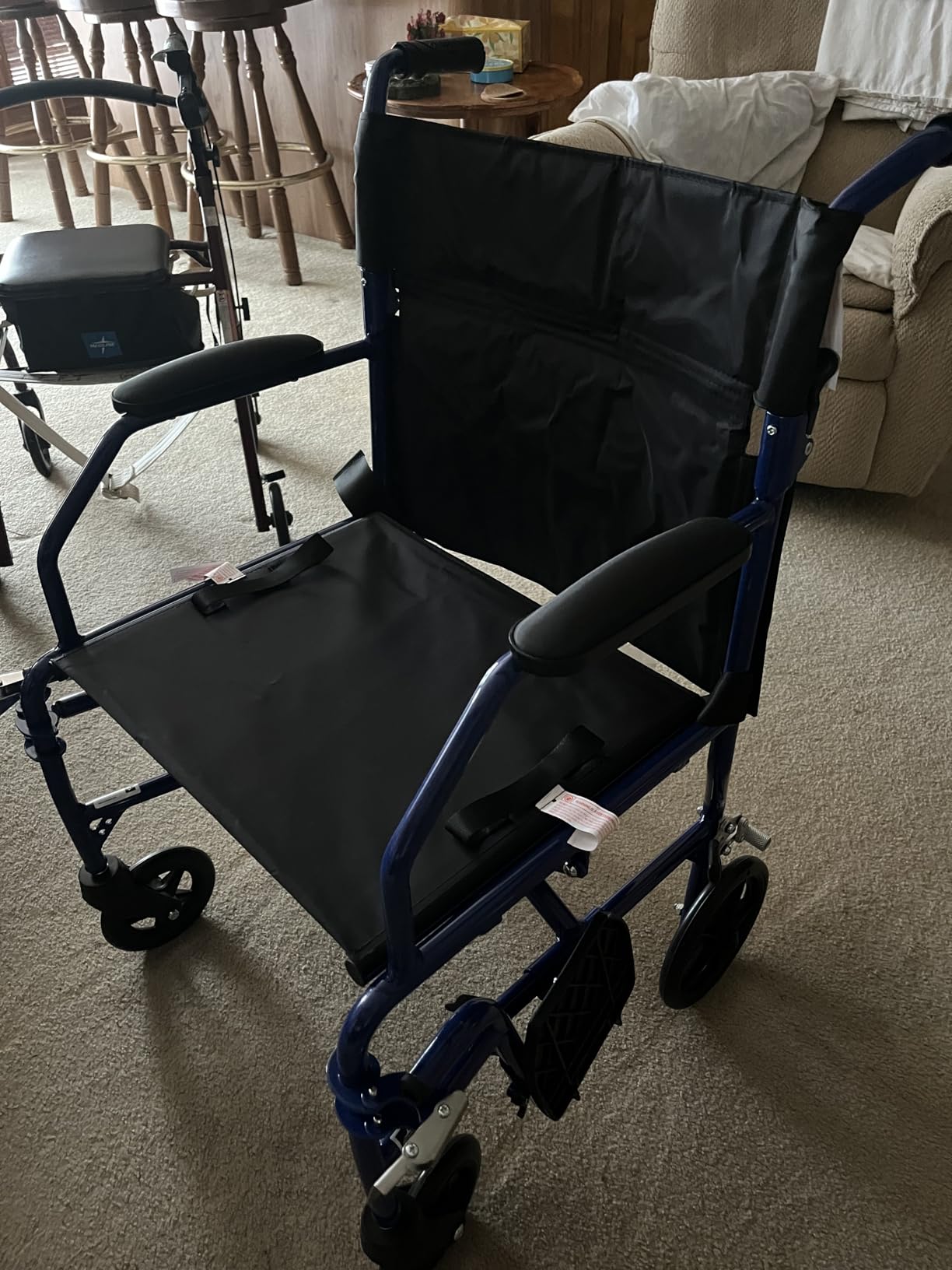 Medline Ultra Lightweight Transport Wheelchair for Adults, Foldable, 19-Inch Seat Width, Blue Frame, Black Upholstery customer photo 2