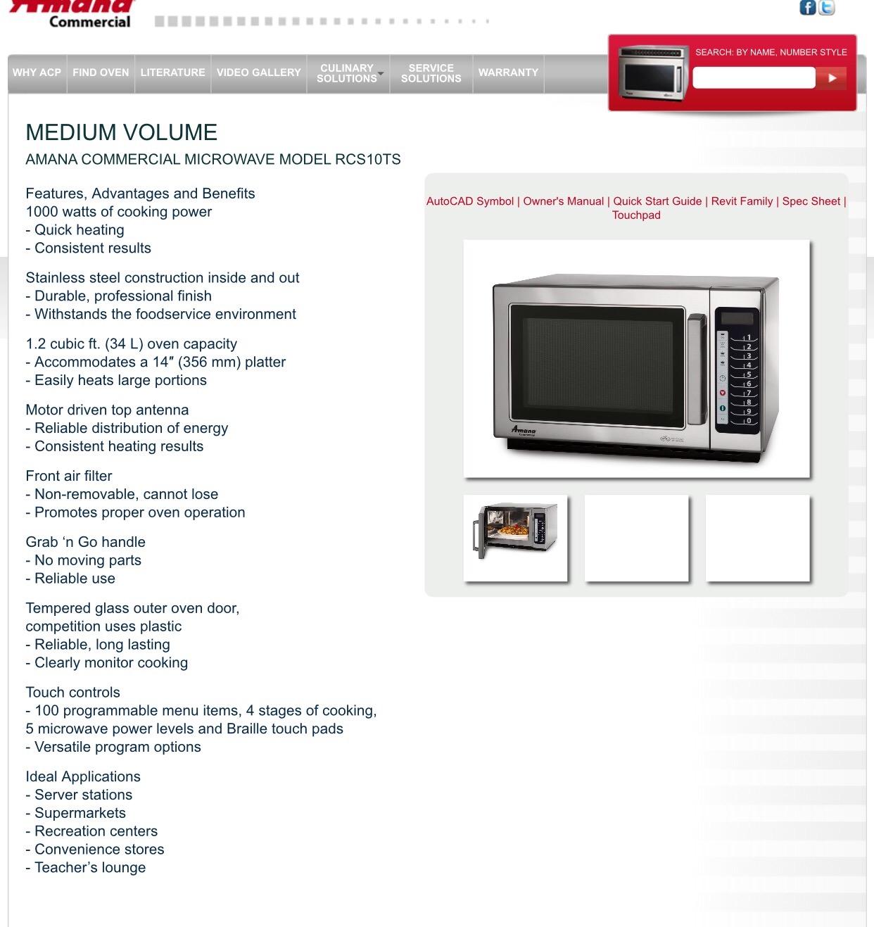 Amana RCS10TS 1000 Watt Stackable Countertop Commercial Microwave with Push Button Controls for Restaurant Buffet Catering Service, 1.2 Cu. Ft, 22