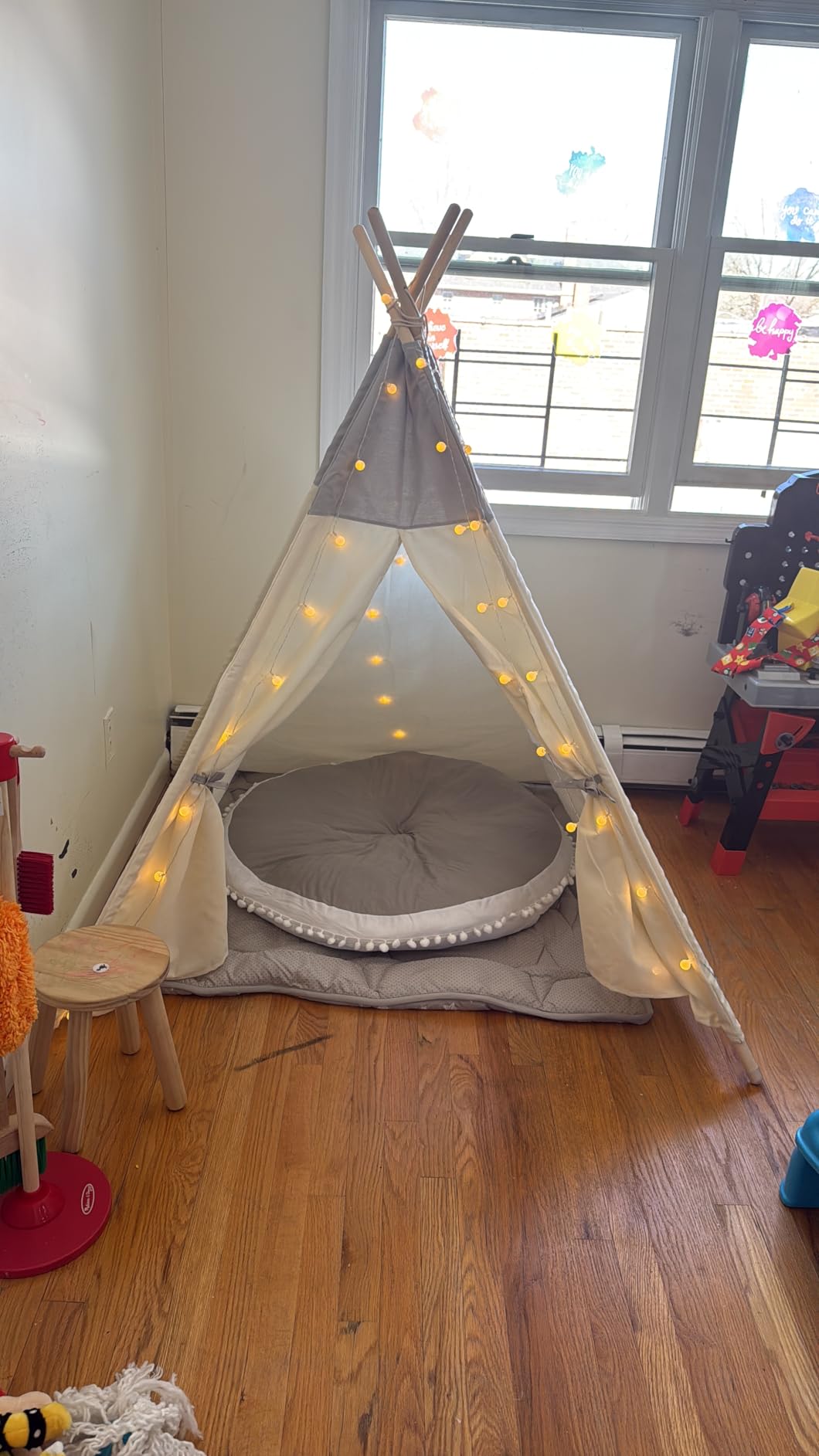 besrey Teepee Tent for Kids, Cotton Canvas Play Tent with Lights & Mat, Sturdy Toddler Tipi Tent Playhouse for Boys Girls, Foldable Indoor Outdoor Camping Reading Hideaway | 47.2
