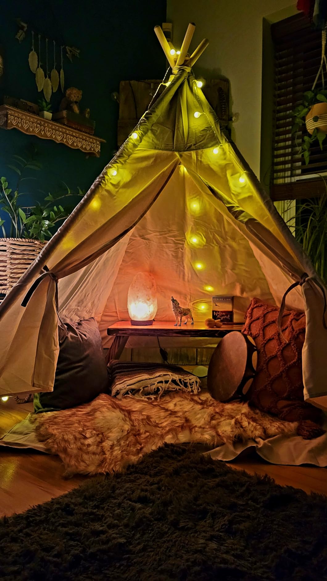 besrey Teepee Tent for Kids, Cotton Canvas Play Tent with Lights & Mat, Sturdy Toddler Tipi Tent Playhouse for Boys Girls, Foldable Indoor Outdoor Camping Reading Hideaway | 47.2