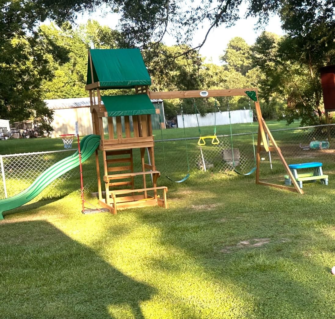 Backyard Discovery Beach Front Cedar Wood Swing Set with Wave Slide, Play Deck, Monkey Bars, Rock Wall Ladder, Shaded Picnic Area, Snack Bar, Belt Swings, Trapeze, Sandbox Area, Outdoor Playset customer photo 1