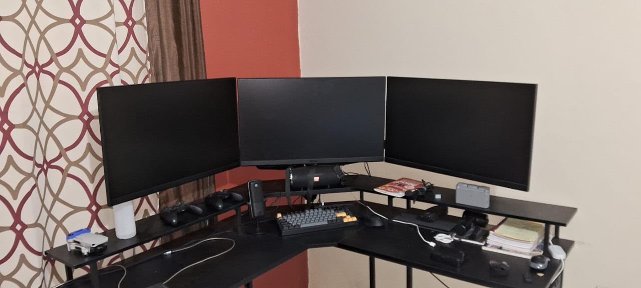 WALI Triple Monitor Mount for 13-32 inch Screens, up to 19.8 lbs per Arm | Adjustable 3 Monitor Desk Mount with Swivel, Tilt, Rotation, Triple Monitor Stand for Desk, VESA 75/100mm (GSDM003), Black customer photo 1