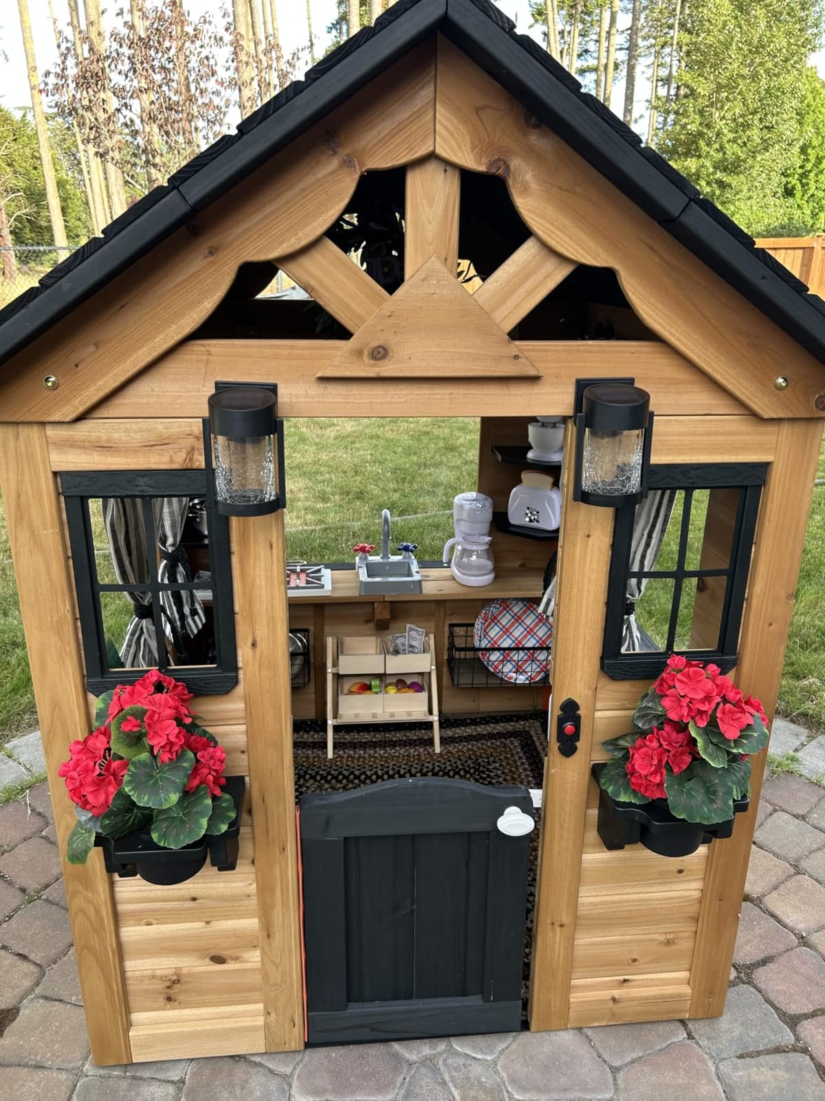 Backyard Discovery Sweetwater Cedar Wooden Kids Playhouse Cottage with Play Kitchen, Snack Bar, Half Door, Toy Phone, Windows, Flowerpot Holders, and Working Doorbell for Outdoor Imaginative Play customer photo 2