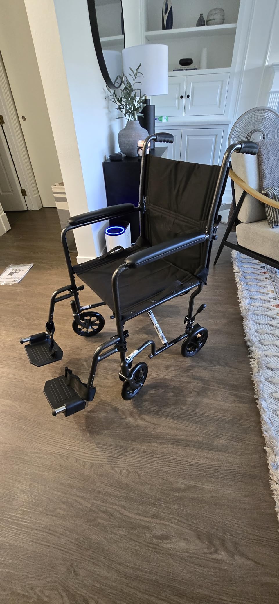 Medline Durable Folding Steel Transport Wheelchair with Swing-Away Footrests, 19-Inch Seat Width, Black Frame, Black Upholstery customer photo 1