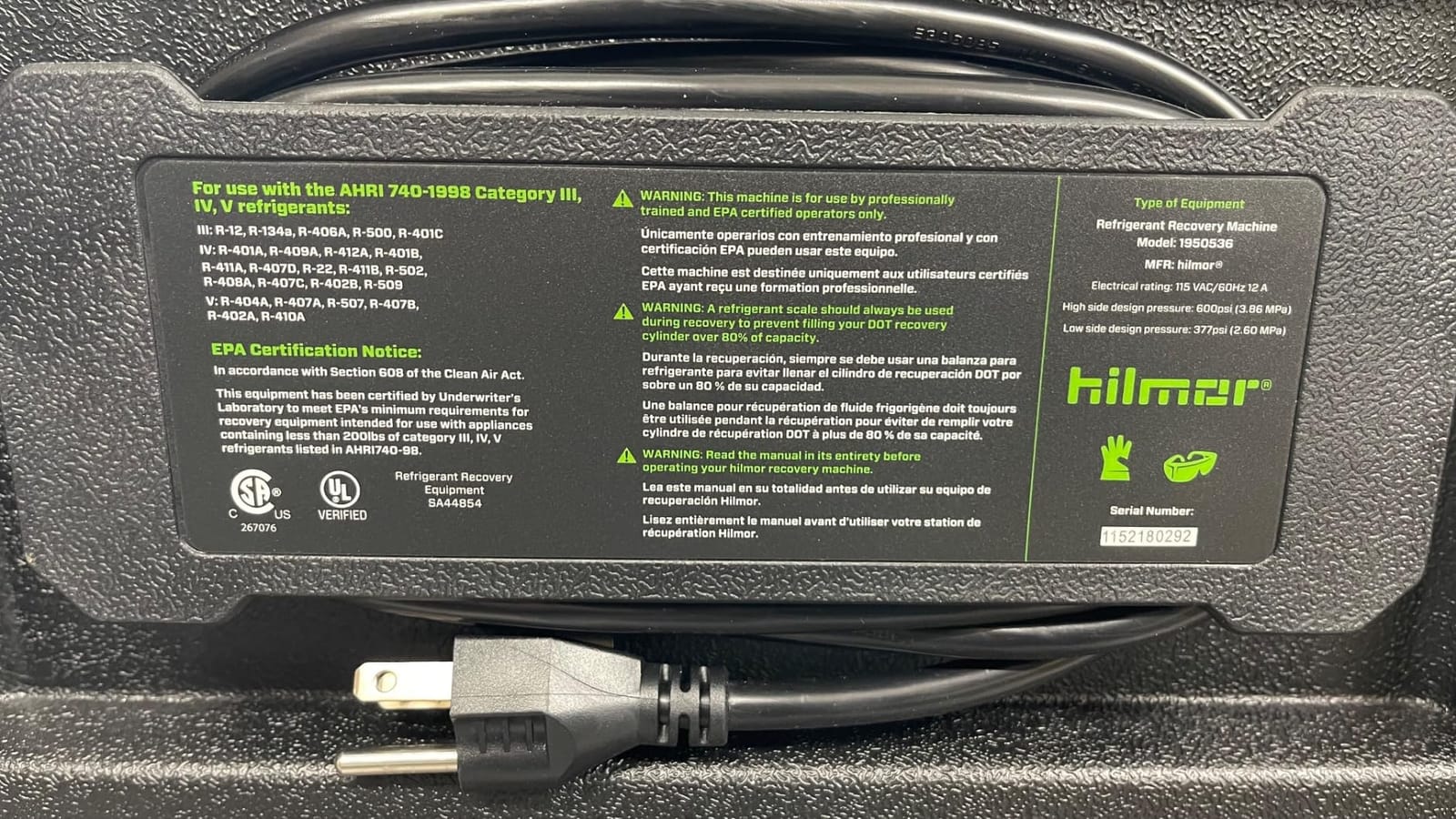 Hilmor 1950536 Brushless DC Refrigerant Recovery Machine, HVAC Tools and Equipment, Professional Use, 9.6