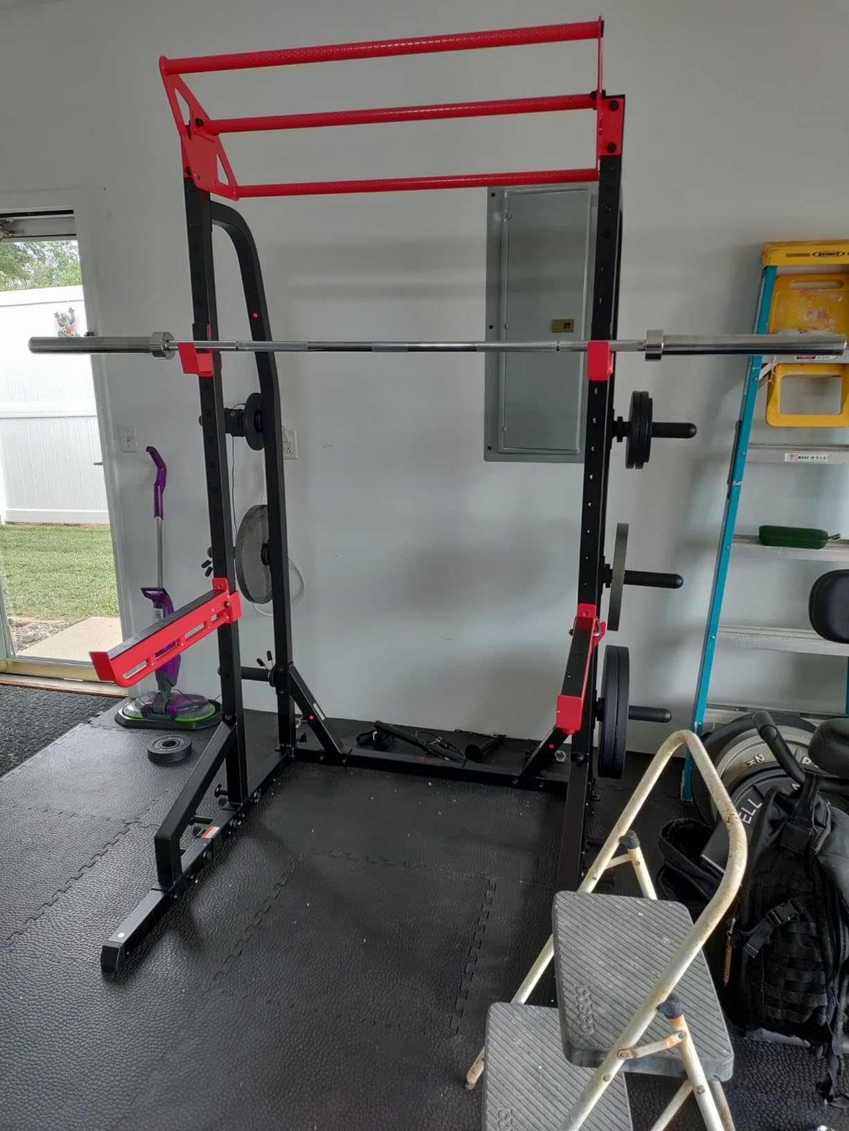 Half Rack Cage with Adjustable Pull-Up Bar | 1000 lb Capacity, J-Hooks & Spotter Arms, 3-Way Pull-Up Bars, 7 ft Barbell Ready, 6 Plate Posts, Band Pegs, Bolt Anchors customer photo 2