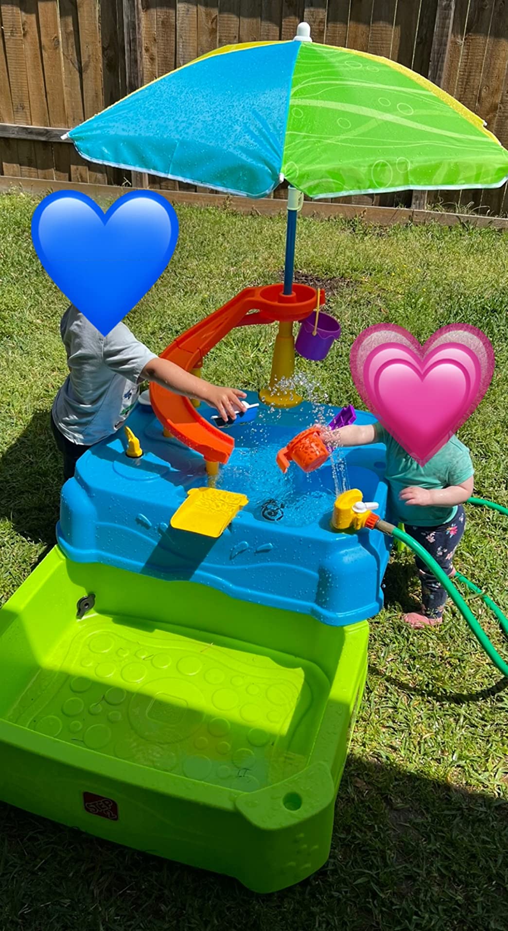 Step2 Waterpark Wonders Two Tier Water Table, Kids Water Activity Sensory Playset with Umbrella, Garden Hose Sprinkler Attachment, 11 Piece Accessories, Outdoor Summer Toy, Ages 18 Months+, Blue customer photo 2