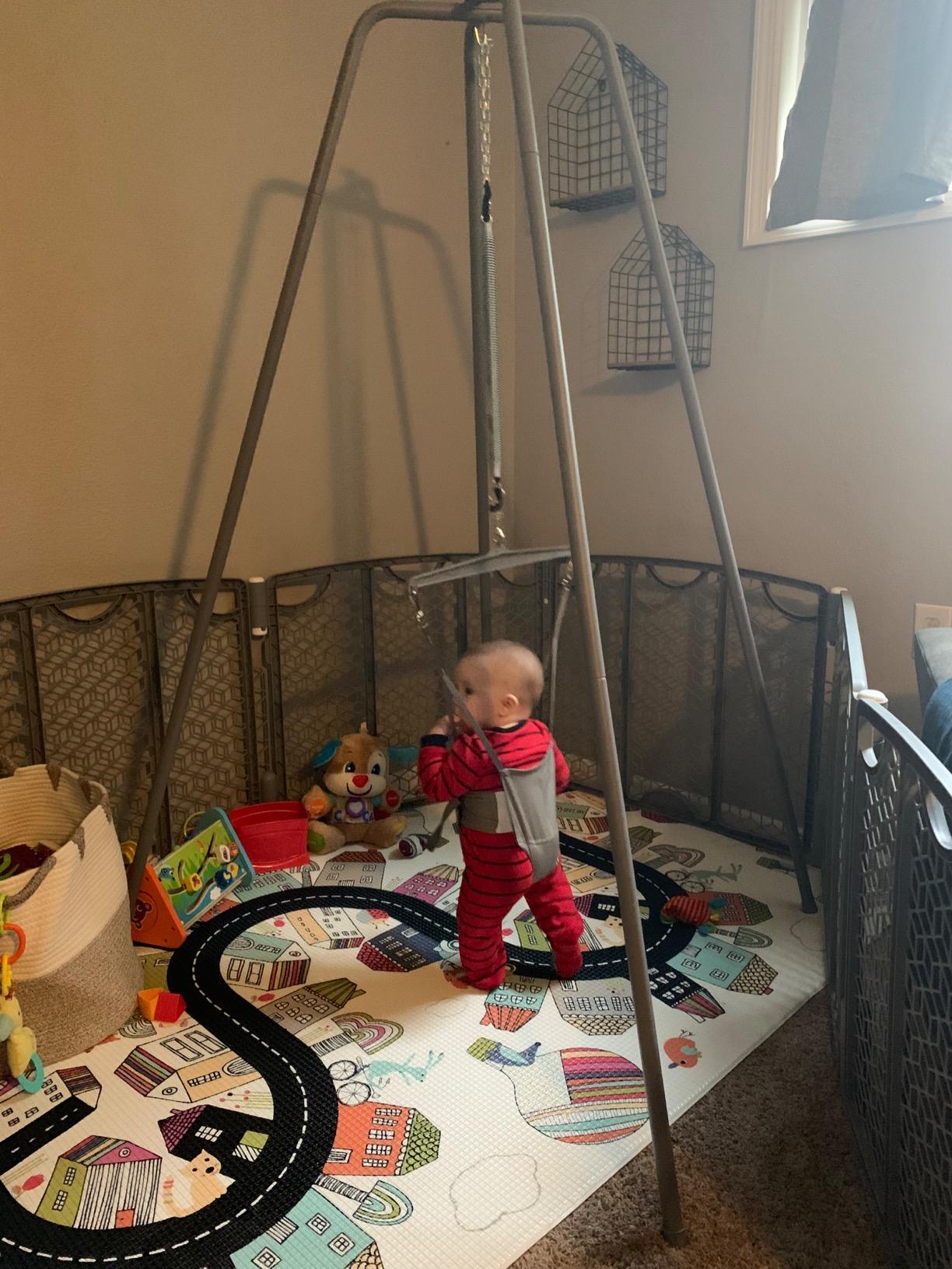 Jolly Jumper Elite Baby Exerciser - Grey Safari | Sturdy Frame, 6 ft Tall Stand Baby Jumper, Indoor/Outdoor Exercise Saddle Seat, Adjustable Height, for Infants up to 28lbs customer photo 1