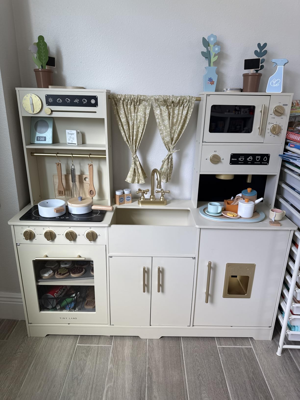 Tiny Land Play Kitchen for Kids - Modern Home Design with Fabric Curtains | Interactive Wooden Kitchen with Coffee Maker & Microwave, Pretend Play Toy, Birthday & Christmas Gift for Boys & Girls customer photo 1