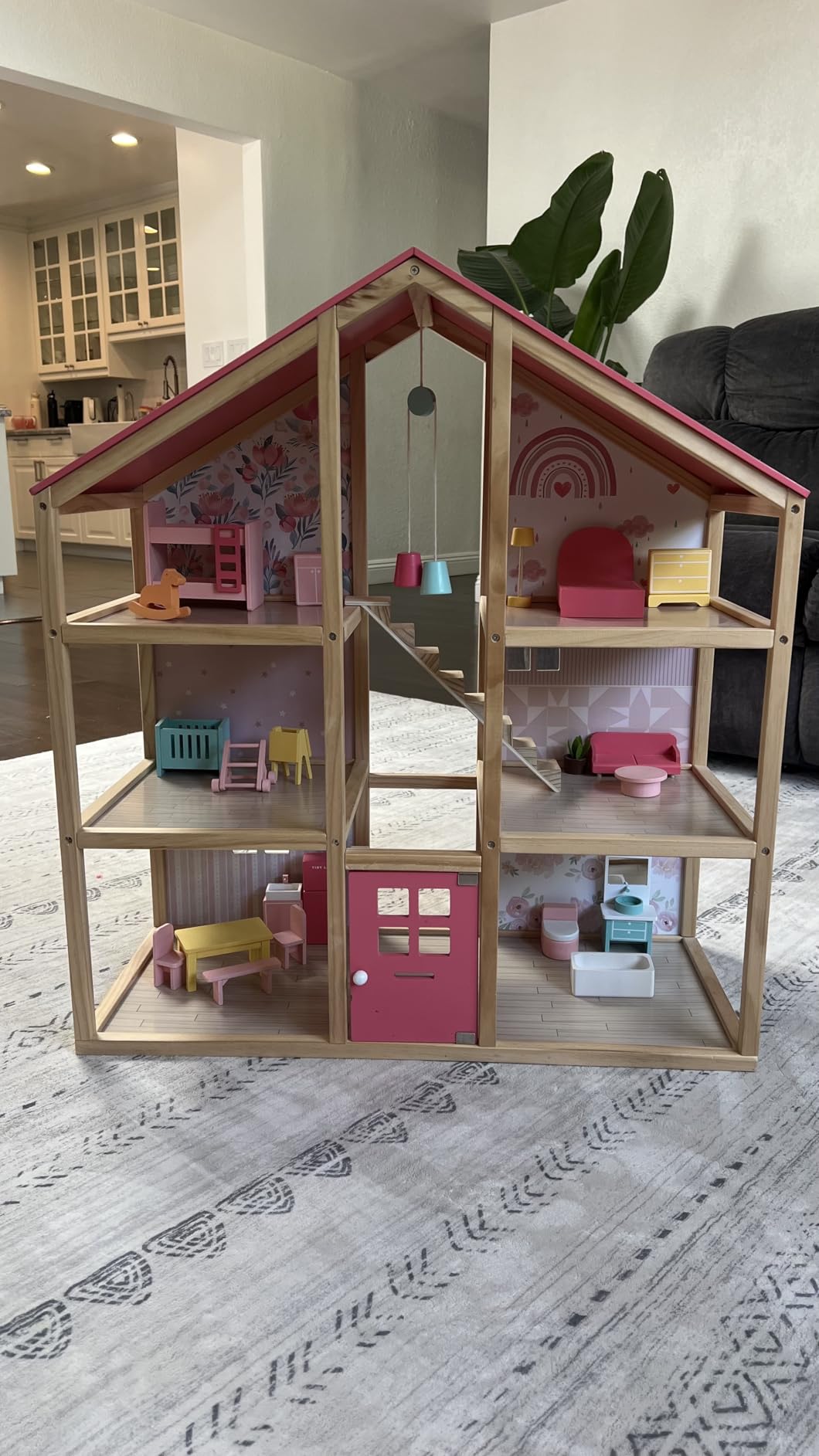 Tiny Land Wooden Dollhouse for Girls - 6 Rooms Wooden Doll House | DIY Pretend Doll House with 31Pcs Furniture Accessories, Creative Gift for Girl Ages 3+, Pink customer photo 2