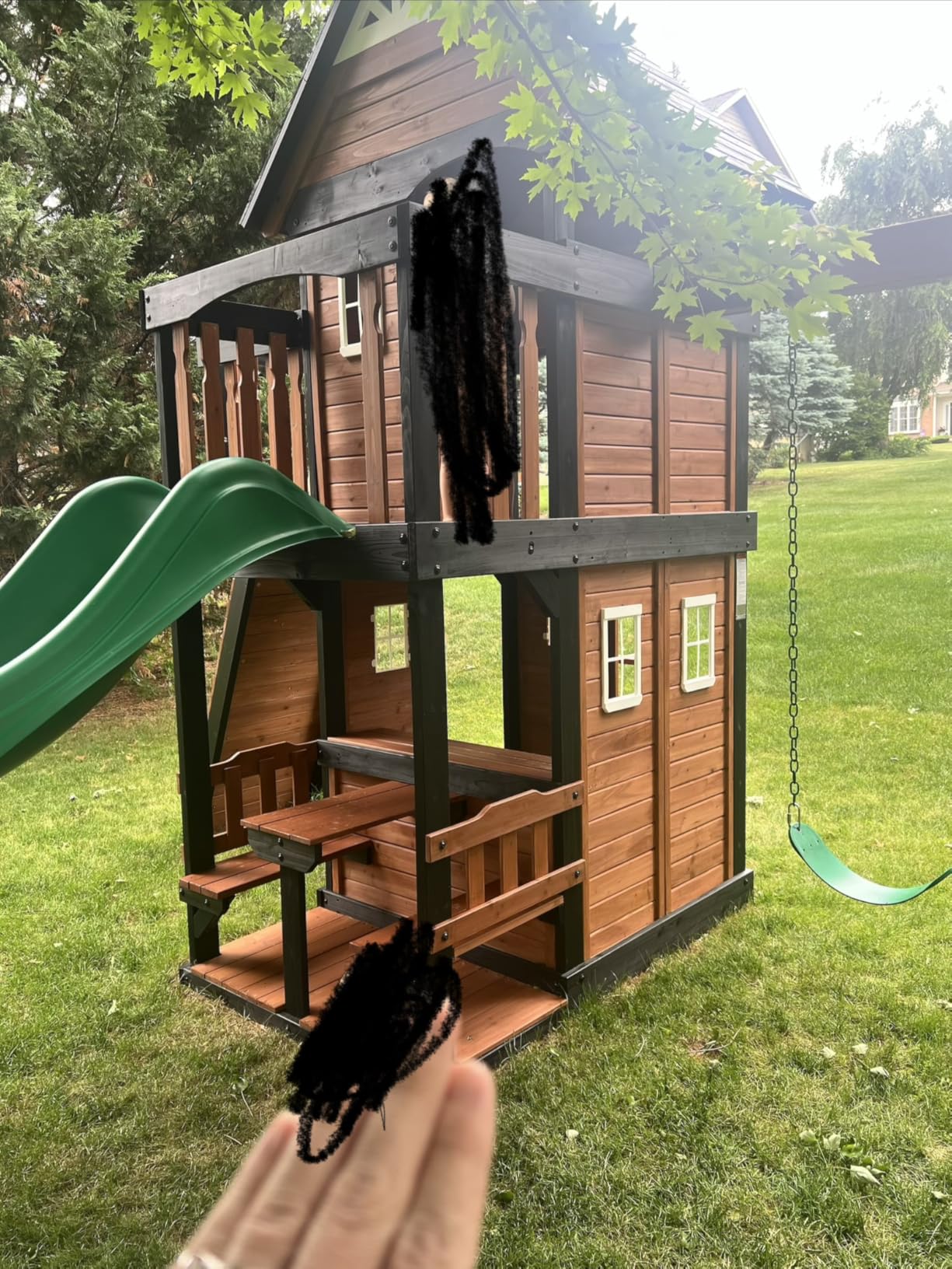 Backyard Discovery Canyon Creek Cedar Wood Swing Set with Wave Slide, Clubhouse, Play Kitchen, Picnic Area, Belt Swings, Web Swing, Rock Wall, Balconies, Playhouse, Step Ladder, Outdoor Playset customer photo 1