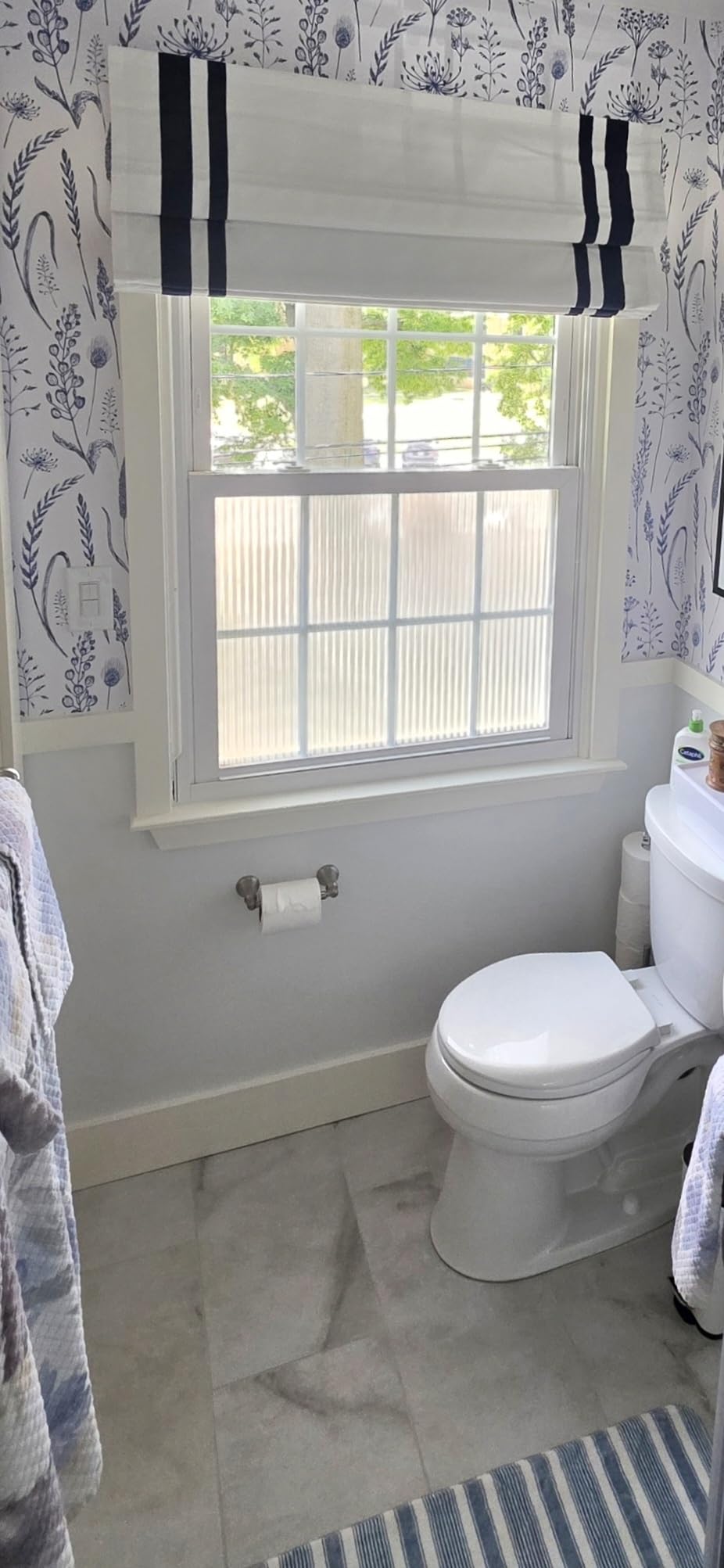 Cordless Roman Shades, Blackout Roman Shades, White Embroidered Blue Border Window Shades for Windows, Doors, Kitchen Windows customer photo 2