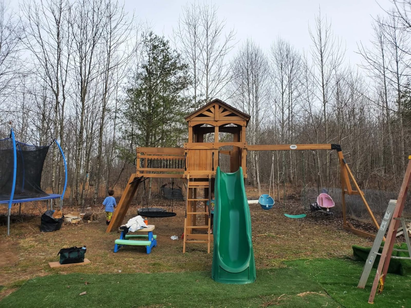 Backyard Discovery Sterling Point Cedar Wood Swing Set with Wave Slide, Raised Clubhouse, Wooden Bridge, Rock Wall, Belt Swings, Web Swing, Trapeze, Balcony, Climbing Wall, Ladder, Outdoor Playset customer photo 1