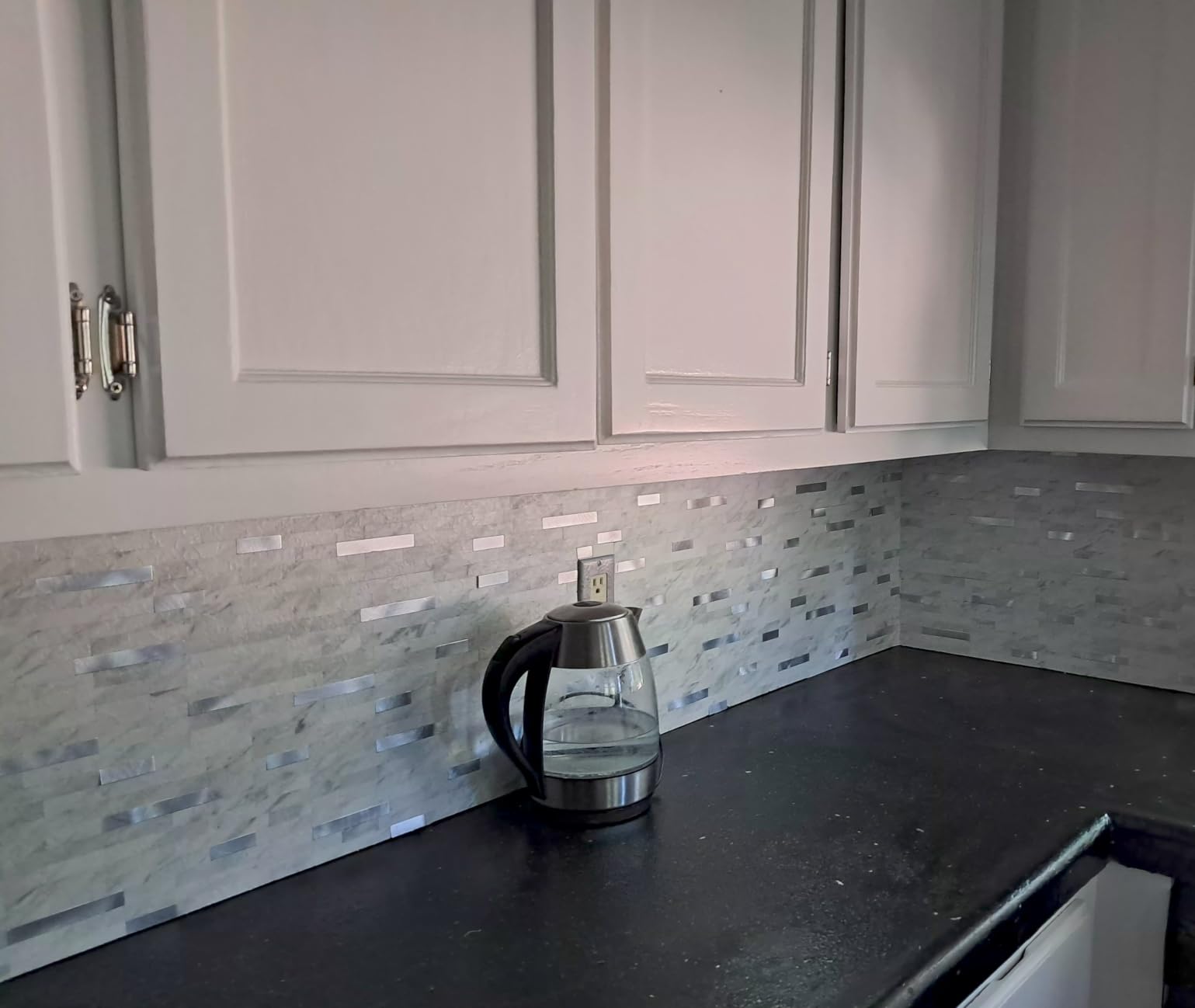 StyloVue 20 Sheets Peel and Stick Backsplash for Kitchen, White Marble with Metal Silver Look Stick on Tile Upgrade Your Kitchen Backsplash, RV, Fireplace customer photo 2