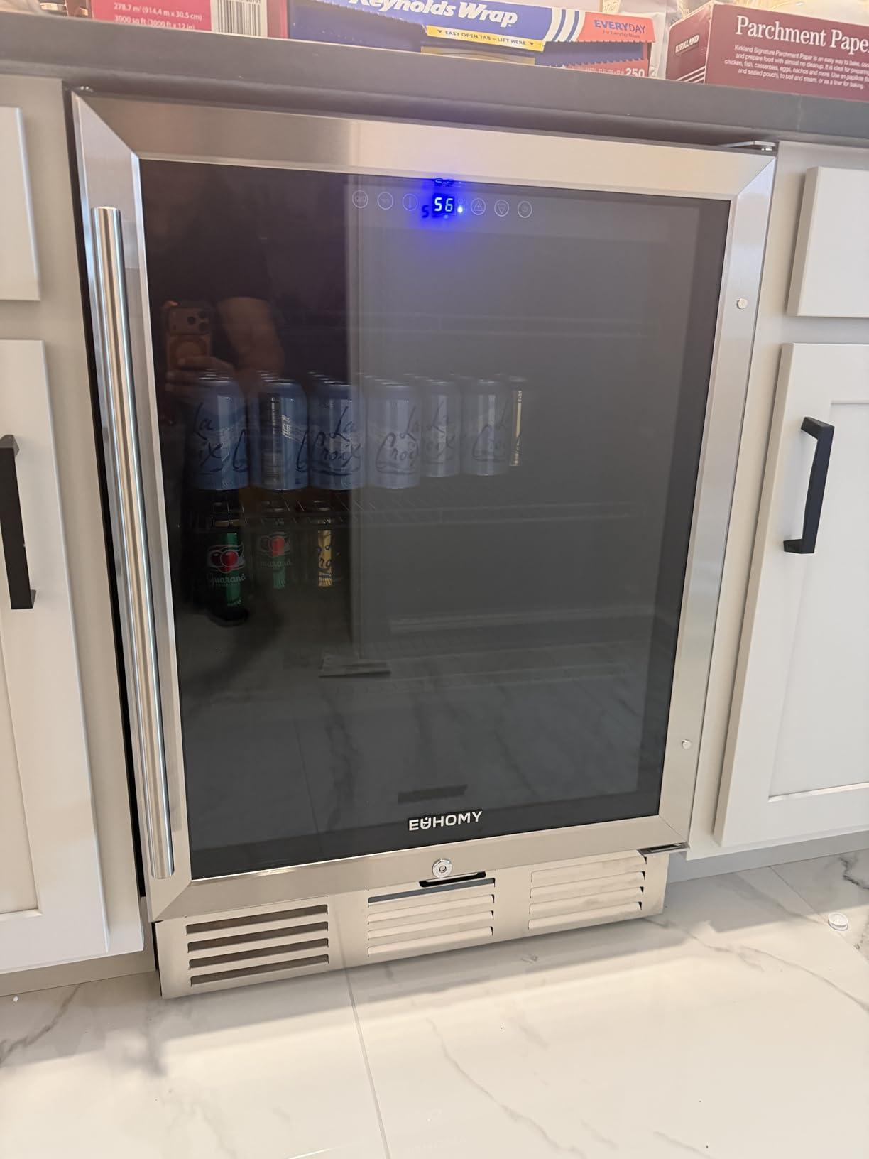 EUHOMY 24 Inch Beverage Refrigerator, 180 Can Under Counter Refrigerator | 37°F-65°F, Compressor Cooling, Built-in or Freestanding, Removable Shelves, Bar Office Kitchen Use, LED Light, Glass Door customer photo 2