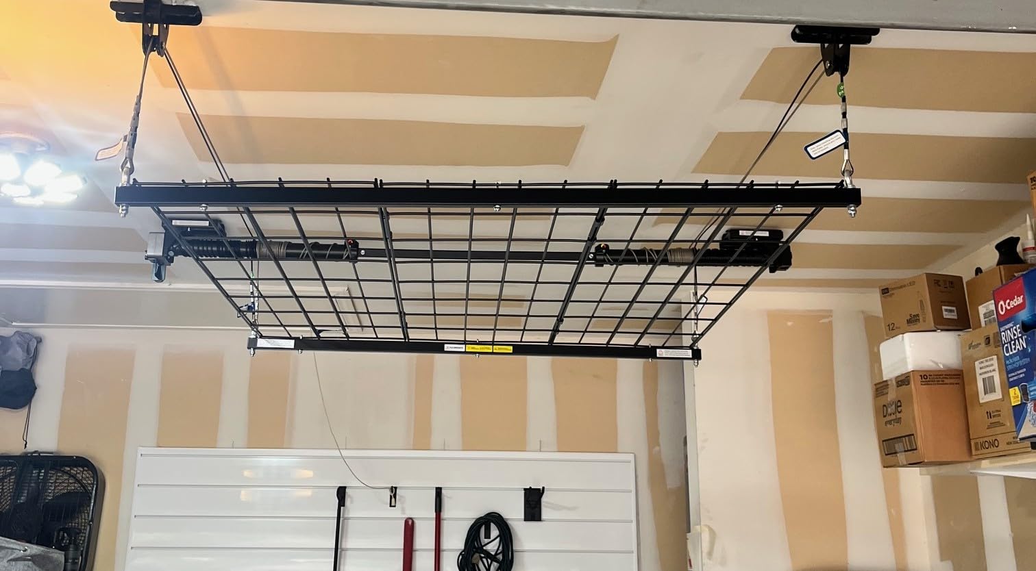 FLEXIMOUNTS GL1 Overhead Garage Lifting Storage Rack, 4x4 Ft Heavy-Duty Metal Garage Ceiling Rack, Adjustable Organization System With 71''L Axle, 350lbs Weight, Black customer photo 2