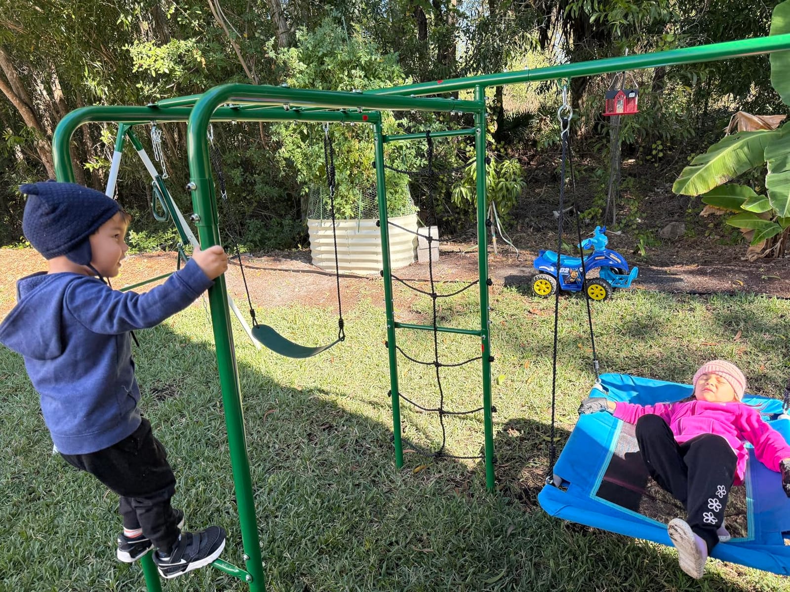 Hapfan Swing Sets for Backyard with Monkey Bars, 5 in 1 Playground Set | Monkey Bars + Belt Swing + Platform Swing + Climbing Net + Trapeze Bar, ASTM Tested | CPSC Safety Compliant (White & Green) customer photo 1