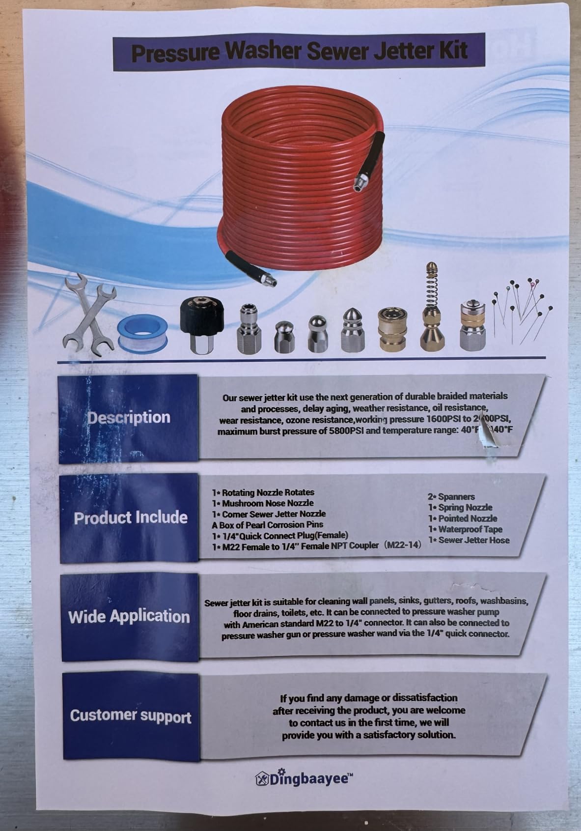 100FT Sewer Jetter Kit for Pressure Washer, 1/4''NPT Drain Cleaner Hose 5800PSI, Pressure Washer Cleaning Kit with Corner Rotating Button Sewer Jetting Nozzles, Quick Connect Set customer photo 1