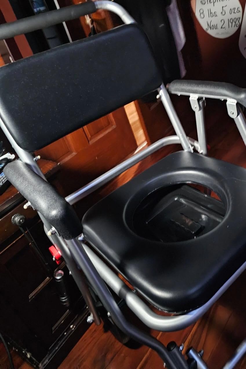 Goplus 4 in 1 Shower Commode Wheelchair, 330lbs Foldable Bedside Commode Chair for Toilet with Arms, Portable Rolling Shower Chair with Wheels for Elderly Disabled Handicap Adults Bariatric customer photo 2