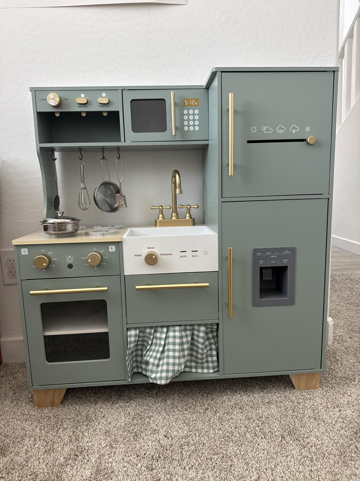 ROBUD Play Kitchen Set, Wooden Play Kitchen | with Ice Maker, Fridge, Coffee Machine, Oven, Dishwasher, Microwave, Kitchen Accessories, Toy Kitchen Gift for Boys Girls, 3+ customer photo 1
