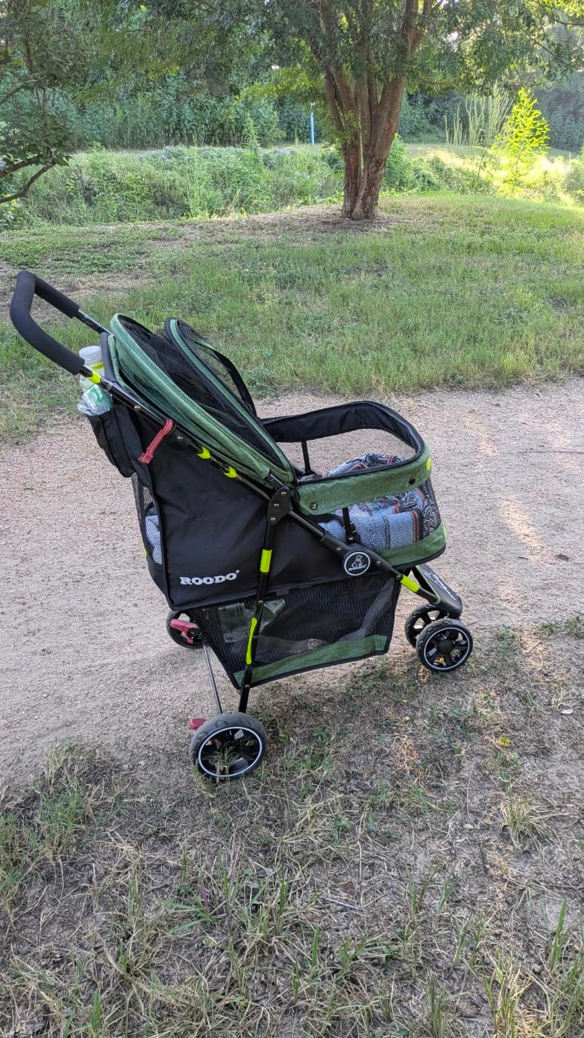 ROODO 3 Wheel Dog Pet Cat Stroller Best Lightweight Foldable Compact Portable Jogger All Terrain Travel Pet Gear Puppy Kitty Stroller for up to 30lbs Medium Small Dogs and Cats(Light Khaki) customer photo 2