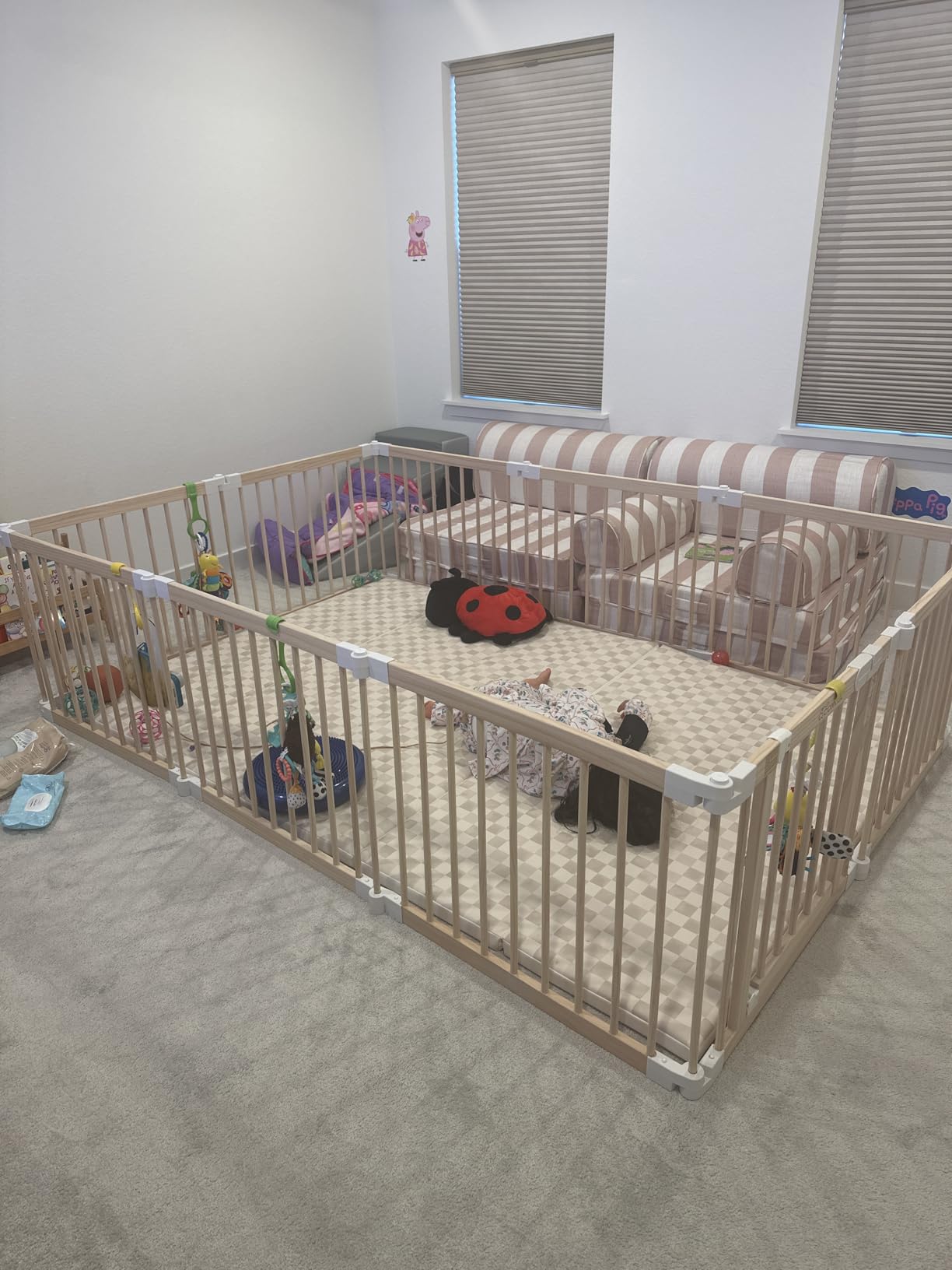 Foldable Wooden Playpen Baby Gate for Babies 3-18 Months-5.3x5.3 ft | 25