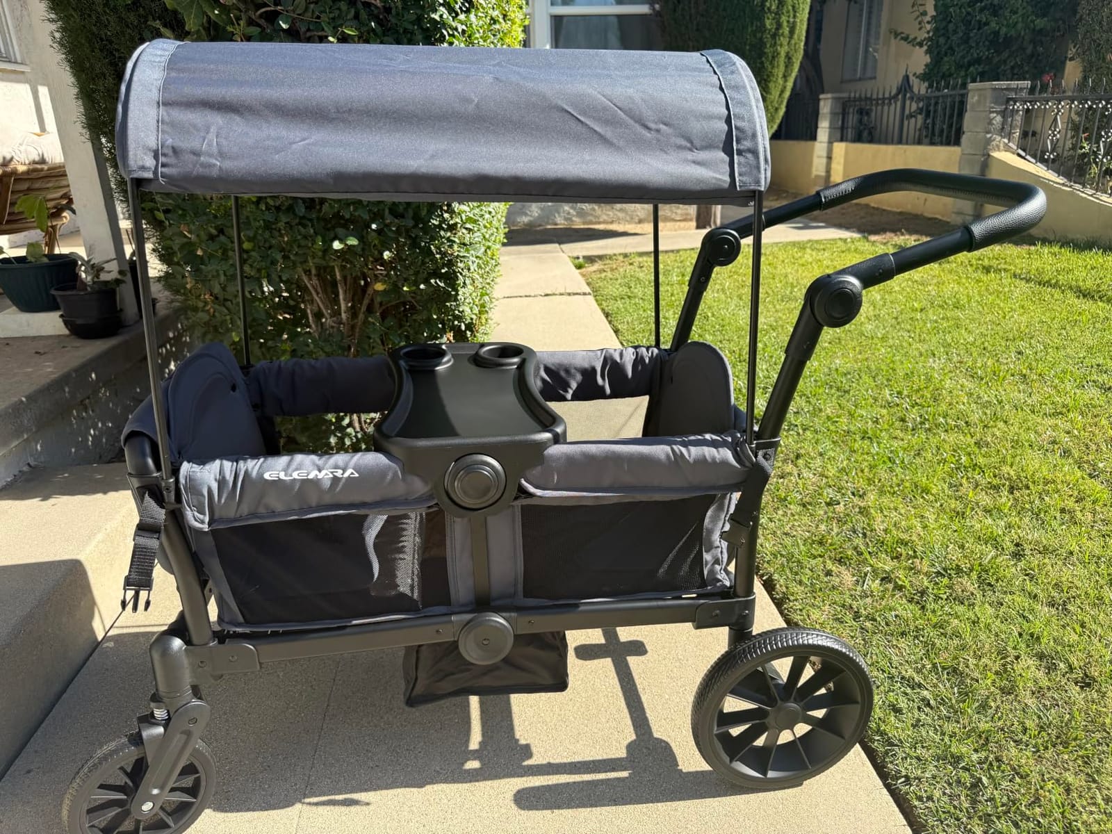 ELEMARA Foldable Wagon Stroller, Stroller Wagon for 2 Kids, Premium All Terrain Wagon for Kids with Removable Canopy, Adjustable Push/Pull Handle, Harnesses, Large Storage Bag, Black customer photo 2