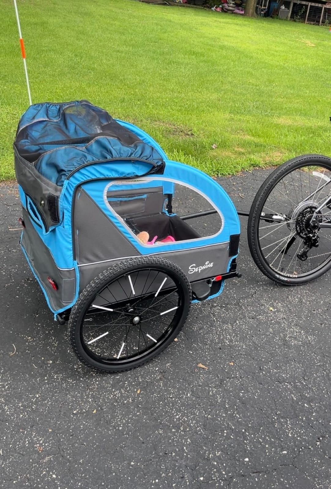 Sepnine Kids Bike Trailer, 2 in1 Canopy Carrier Converts to Pushcart Suitable for 1 to 2 Toddlers, Kids, Quick Attach to Bike, Foldable, with 5-Point Harness and Storage Bags customer photo 2