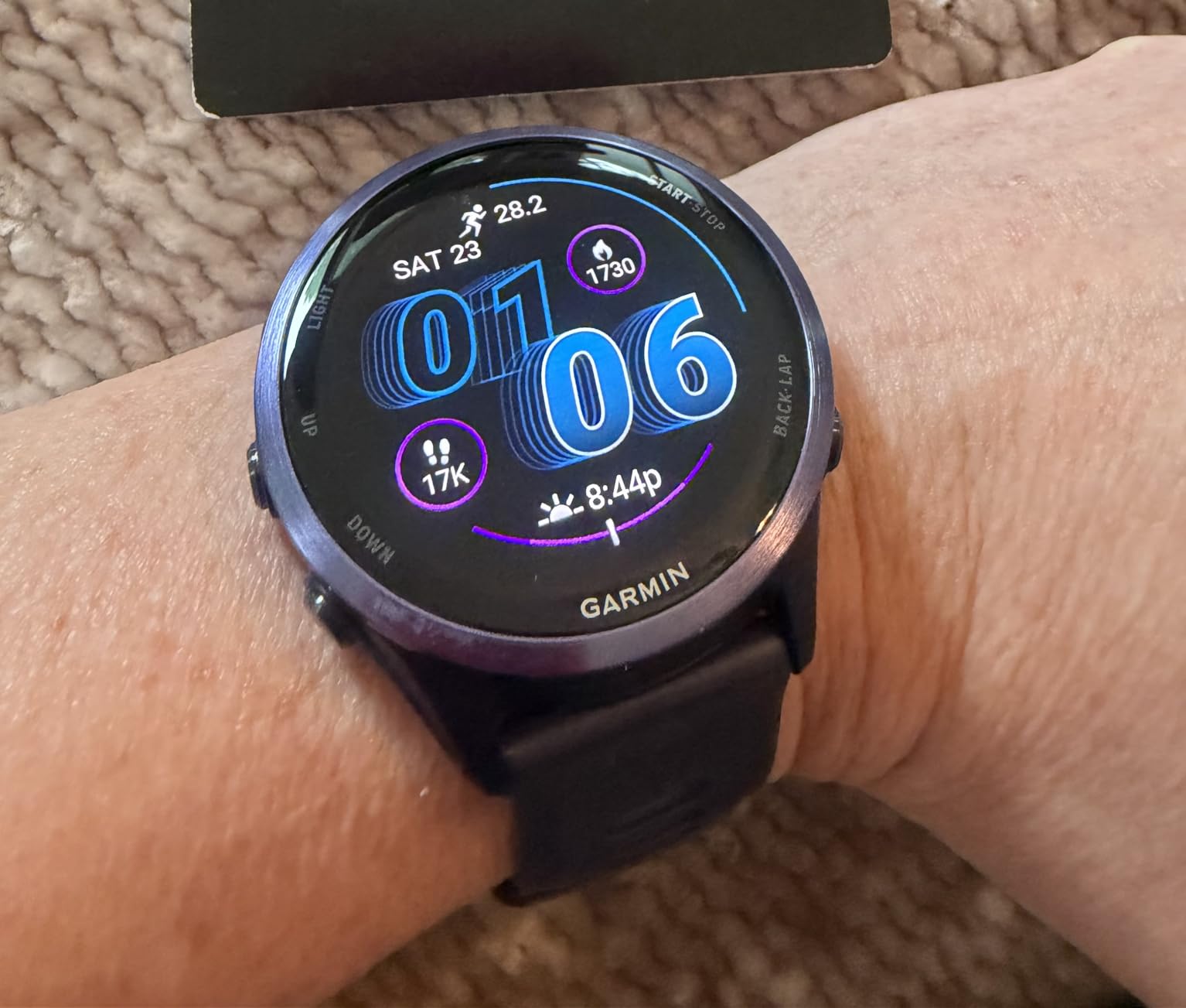 Garmin Forerunner 570, 42mm, Aluminum, Whitestone/Cloud Blue | Smaller-Sized Advanced GPS Running & Triathlon Smartwatch, AMOLED Display, Training & Recovery Features customer photo 1