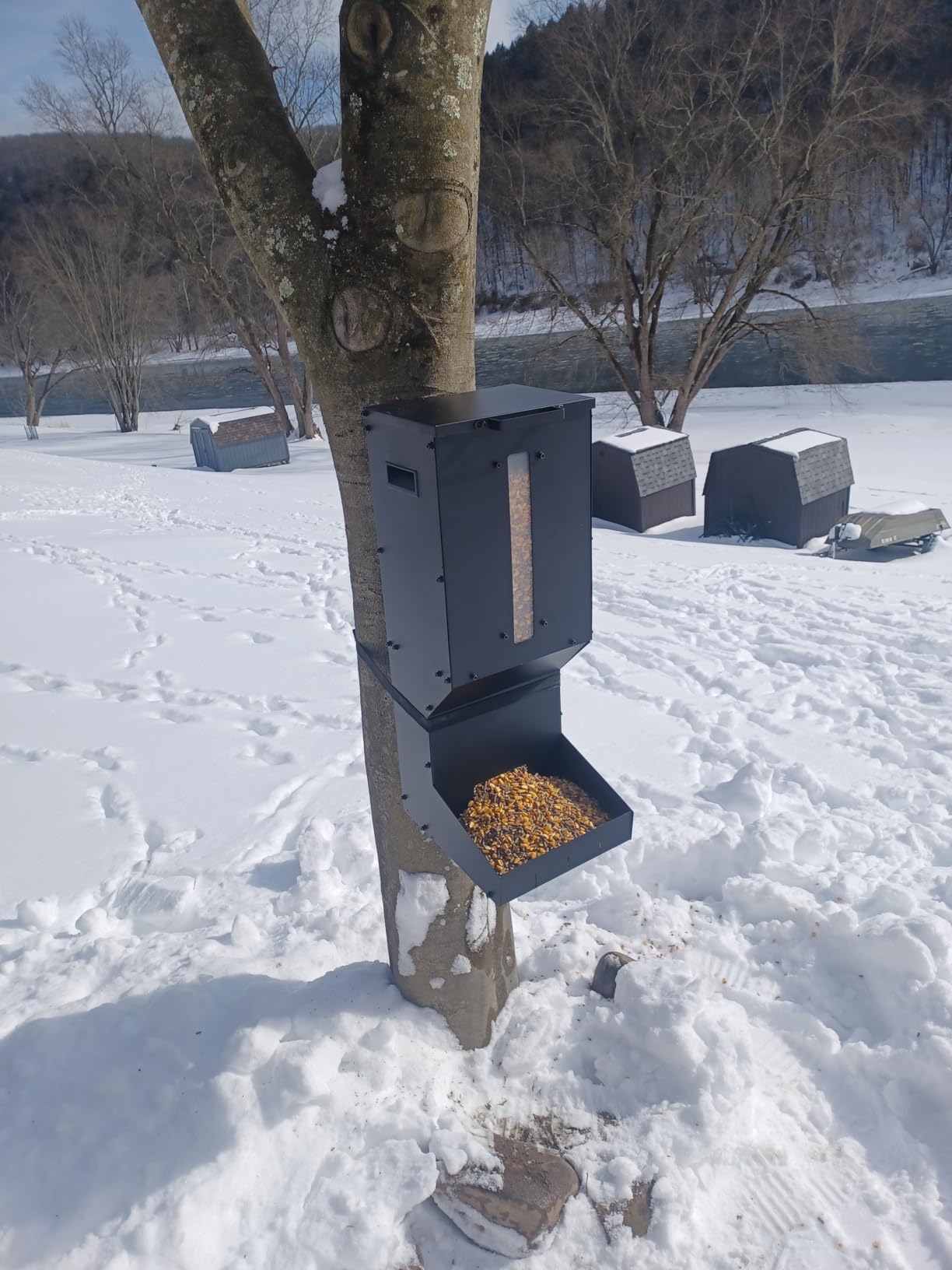Automatic Metal Deer Feeder - 60 lb/11Gal Capacity, Gravity Dispenser Feeds Protein and Corn, Hanging or Wall Mount Wildlife Feeder for Field Or Farm customer photo 2