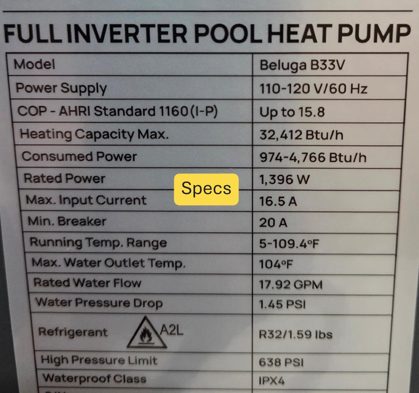 TURBRO 33,000 BTU Inverter Swimming Pool Heat Pump, Up to 10,000 Gallons | Heating and Cooling, Up to 15.8 COP, 110-120V, WiFi Control Electric Pool Heater for Above and Inground Pools, Beluga B33V customer photo 2