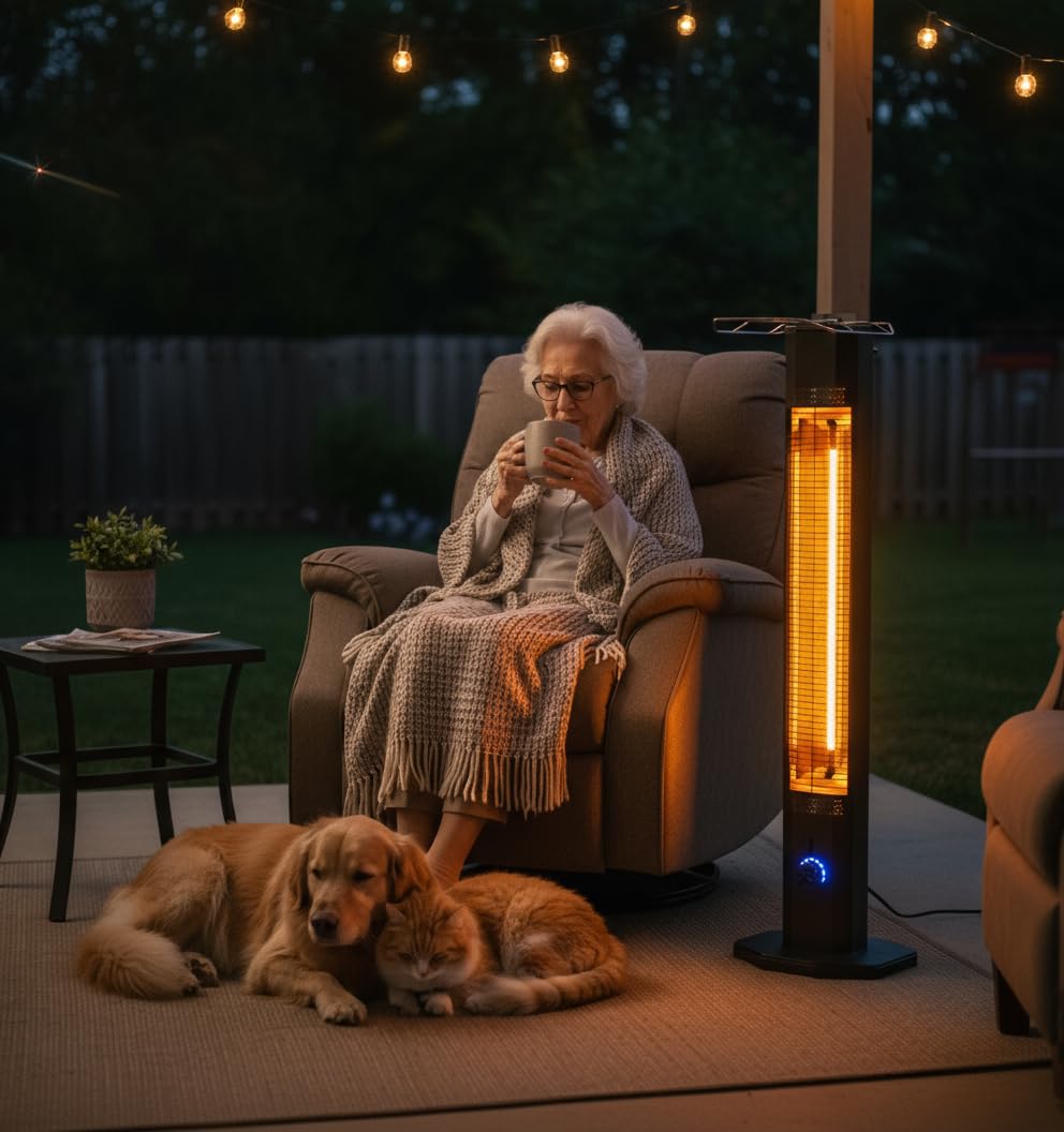 Outdoor Electric Patio Heater, 42-inch 1500W Infrared Tower Heater with 9 Heat Settings & 9H Timer, IPX5 Waterproof, Safety Lock, Tip-Over & Overheat Protection Space Heater for Indoor & Outdoor Use customer photo 2
